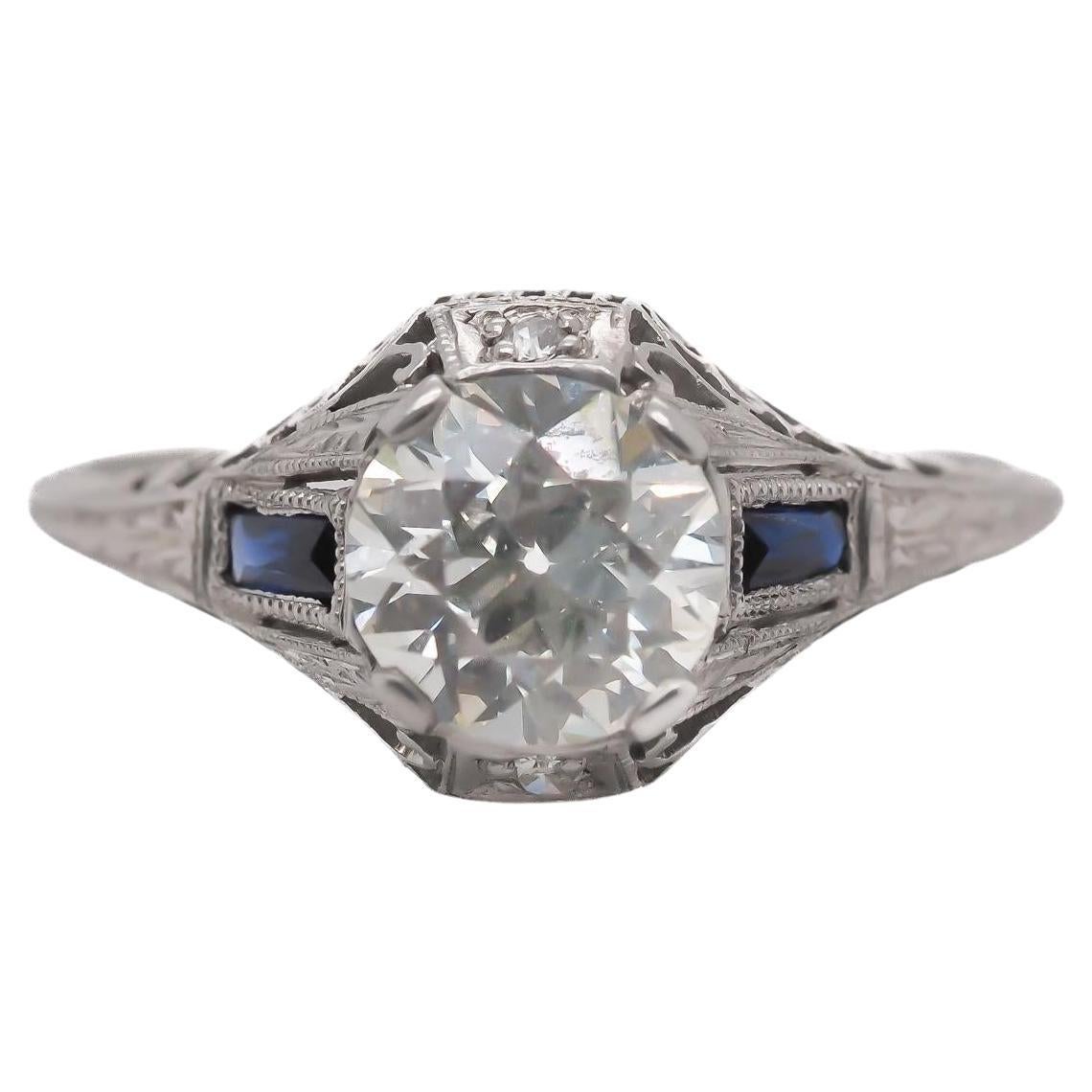 Anillo de diamantes europeos antiguos Estate Art Decó de platino GIA 1,12ct - VEG#58a