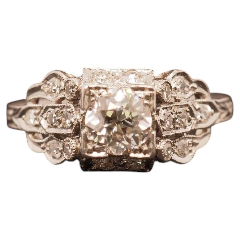 Estate Art Deco Platinum Old European Diamond Engagement Ring - VHK#737A For Sale