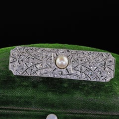 Estate Art Deco Revival 18K White Gold Rose Cut Diamond and Pearl Pin