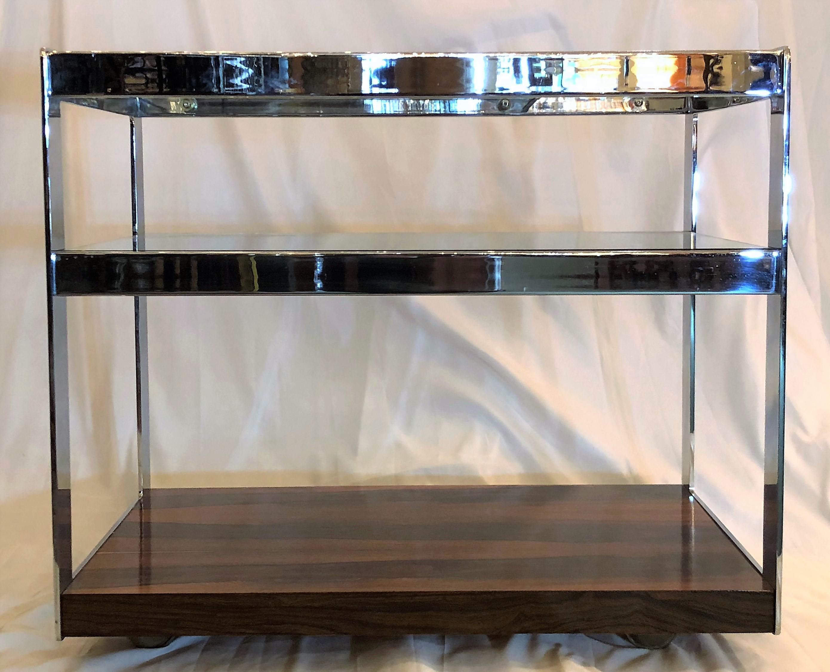 English Estate Art Deco Style Chrome, Glass and Black Walnut Drinks Cart on Casters