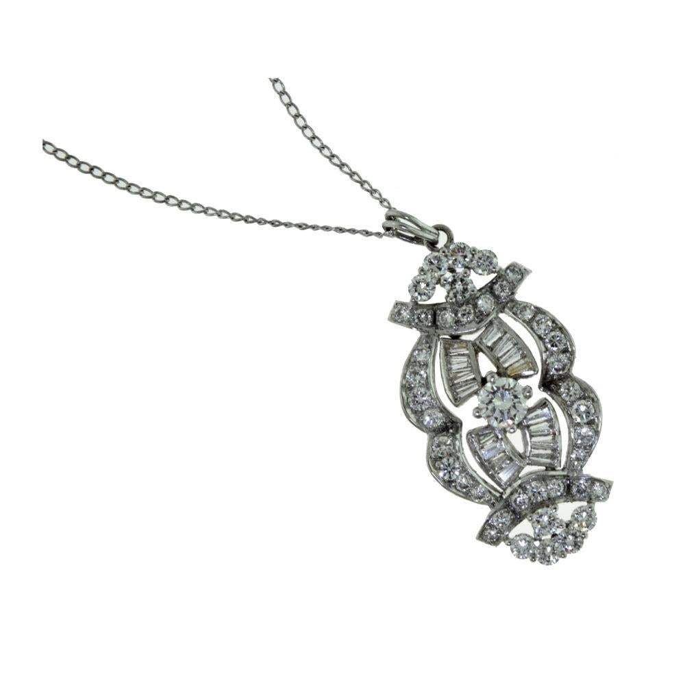 Art Deco Style Round and Baguette Diamond Pendant Necklace In Good Condition For Sale In Miami, FL