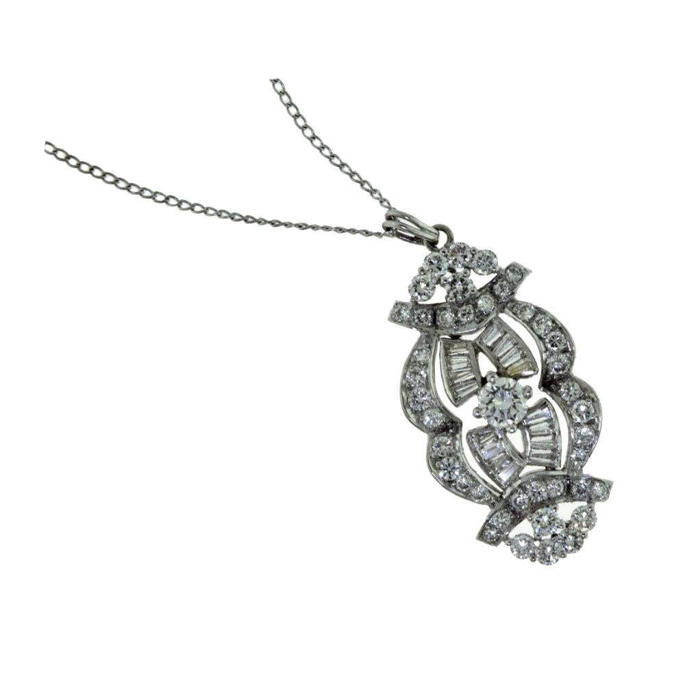 Art Deco Style Round and Baguette Diamond Pendant Necklace For Sale
