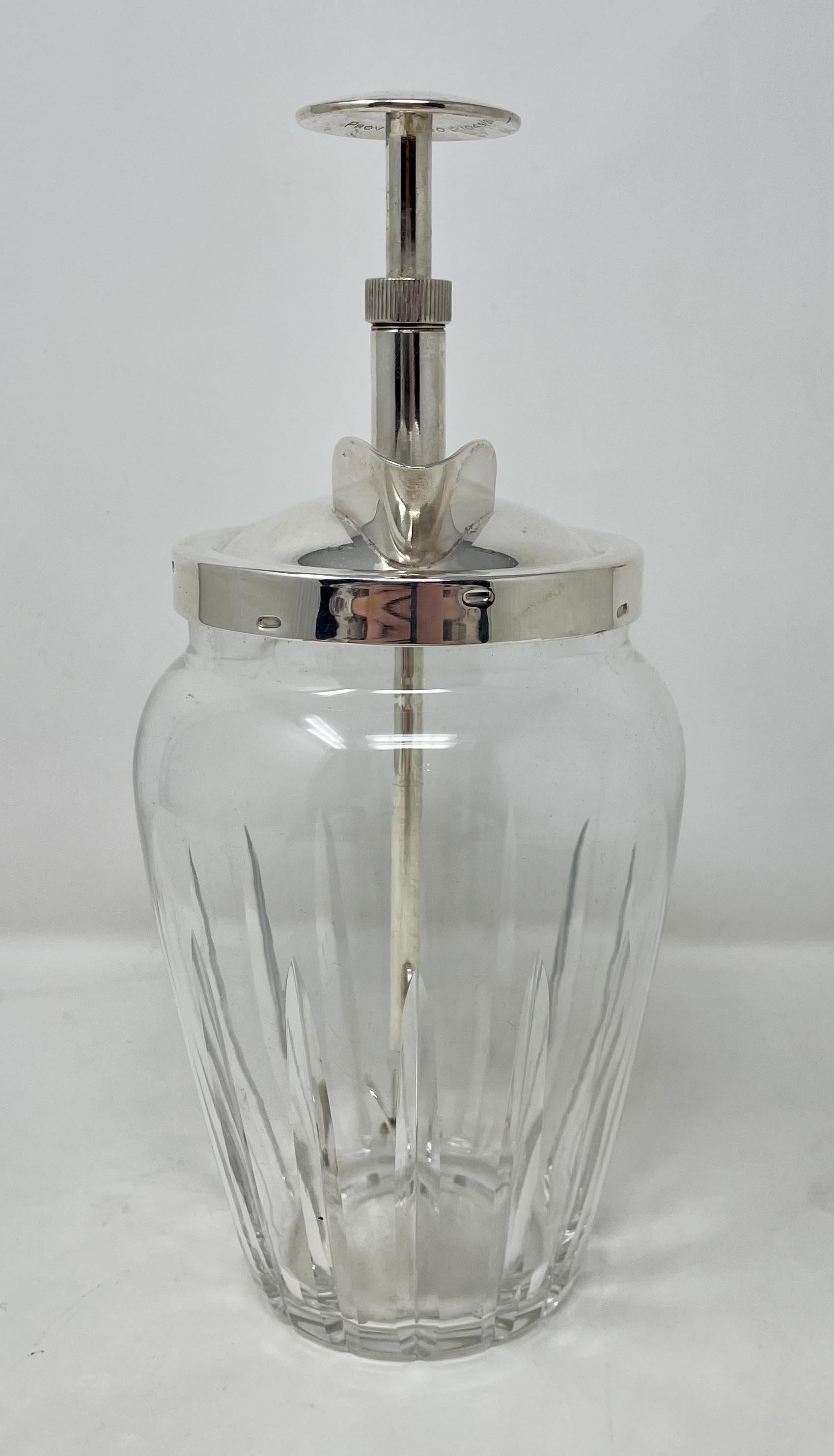 Estate Art Deco silver-plate & cut crystal rapid mixer cocktail shaker, circa 1930.