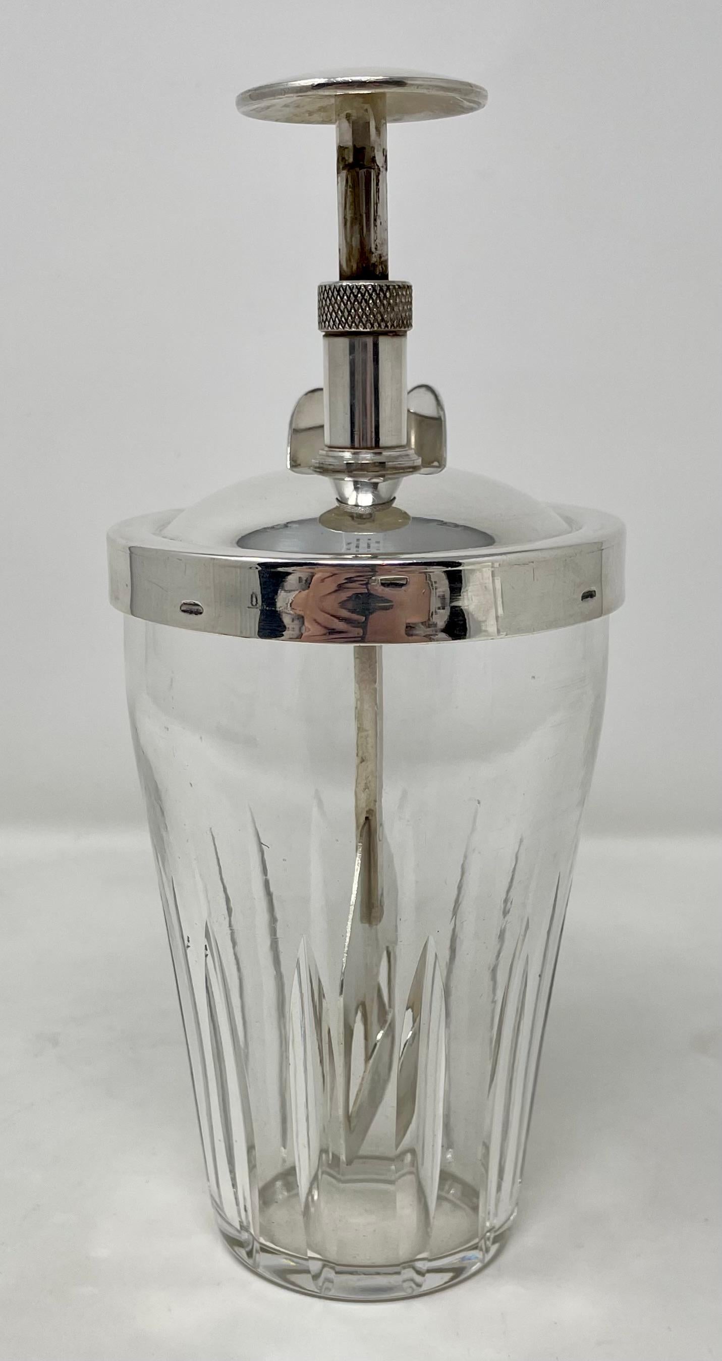 Estate Art Deco silver-plate & cut crystal rapid mixer cocktail shaker, circa 1930s.