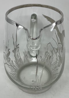 Estate Art Deco Silvered Cut Crystal Cocktail Pitcher with Birds, circa 1930s