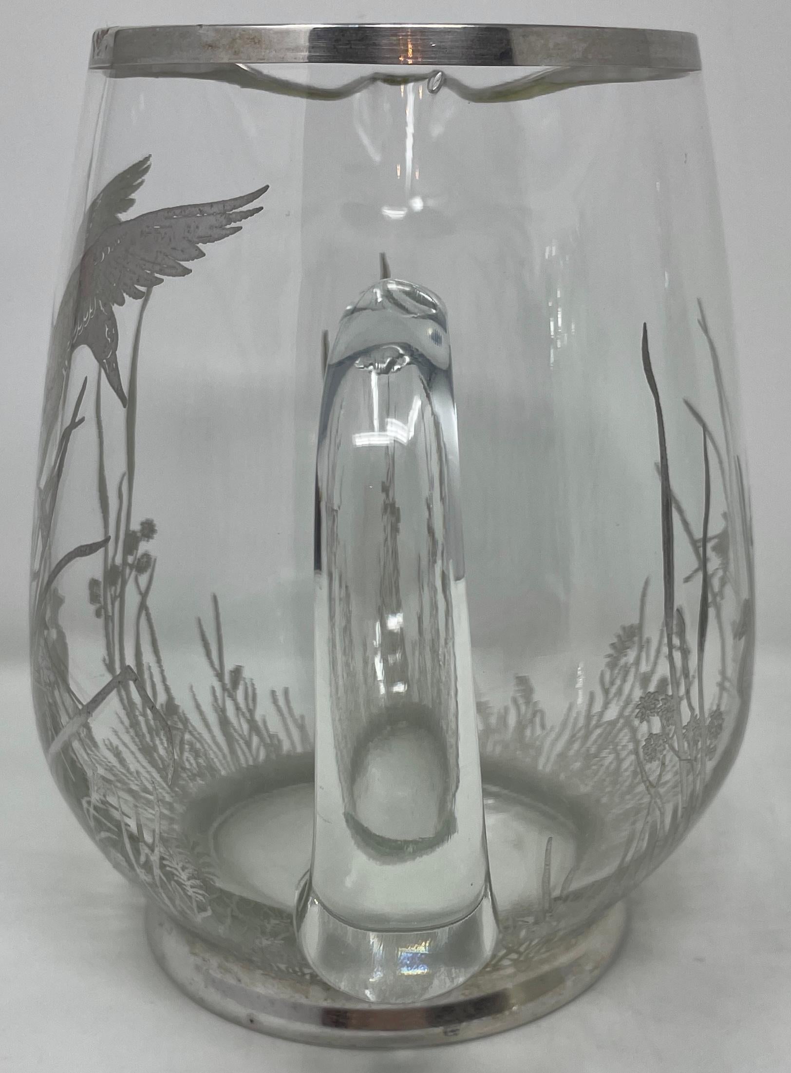 Estate Art Deco Silvered Cut Crystal Cocktail Pitcher with Birds, circa 1930s In Good Condition In New Orleans, LA