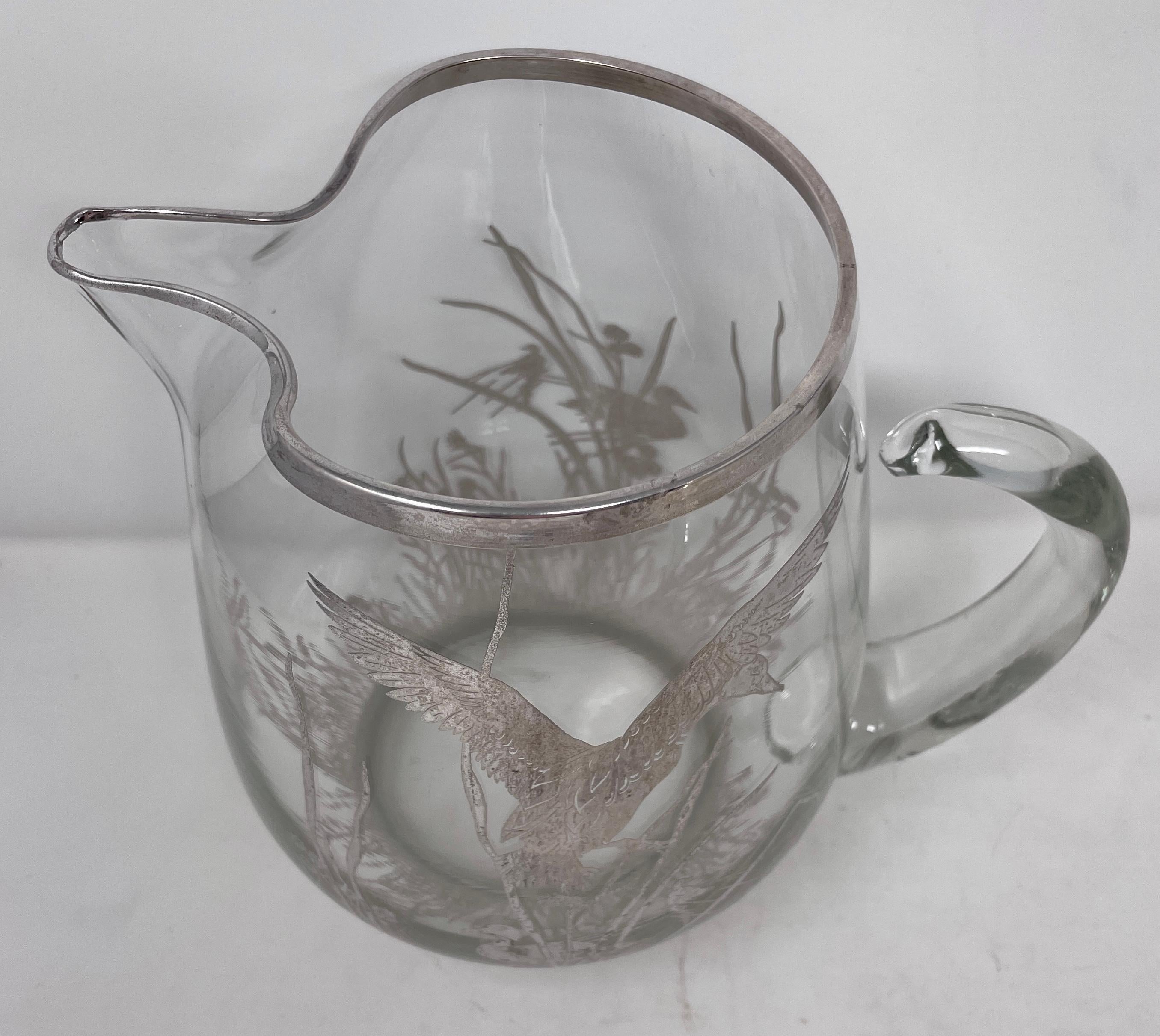 20th Century Estate Art Deco Silvered Cut Crystal Cocktail Pitcher with Birds, circa 1930s