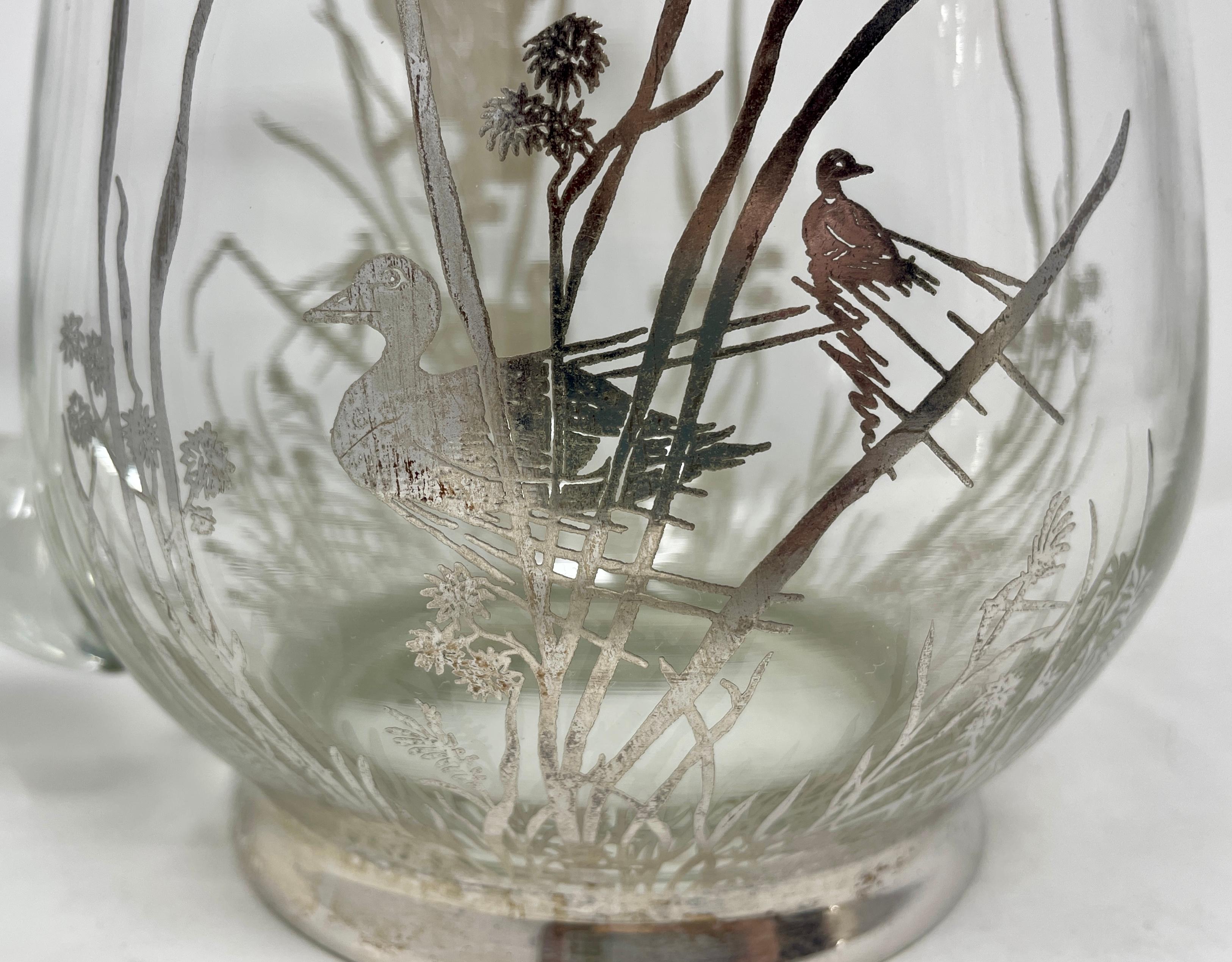 Estate Art Deco Silvered Cut Crystal Cocktail Pitcher with Birds, circa 1930s 1