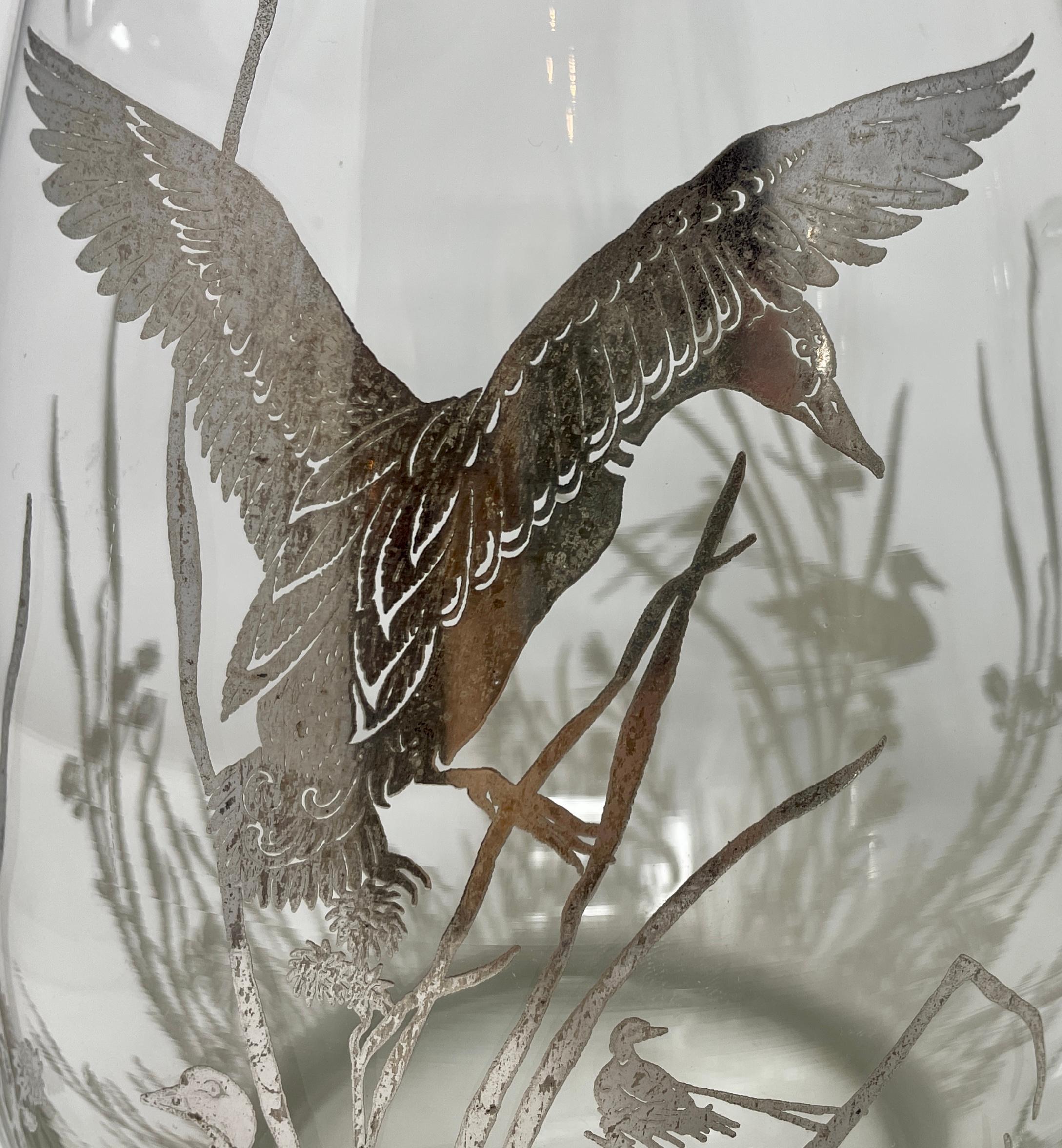 Estate Art Deco Silvered Cut Crystal Cocktail Pitcher with Birds, circa 1930s 2