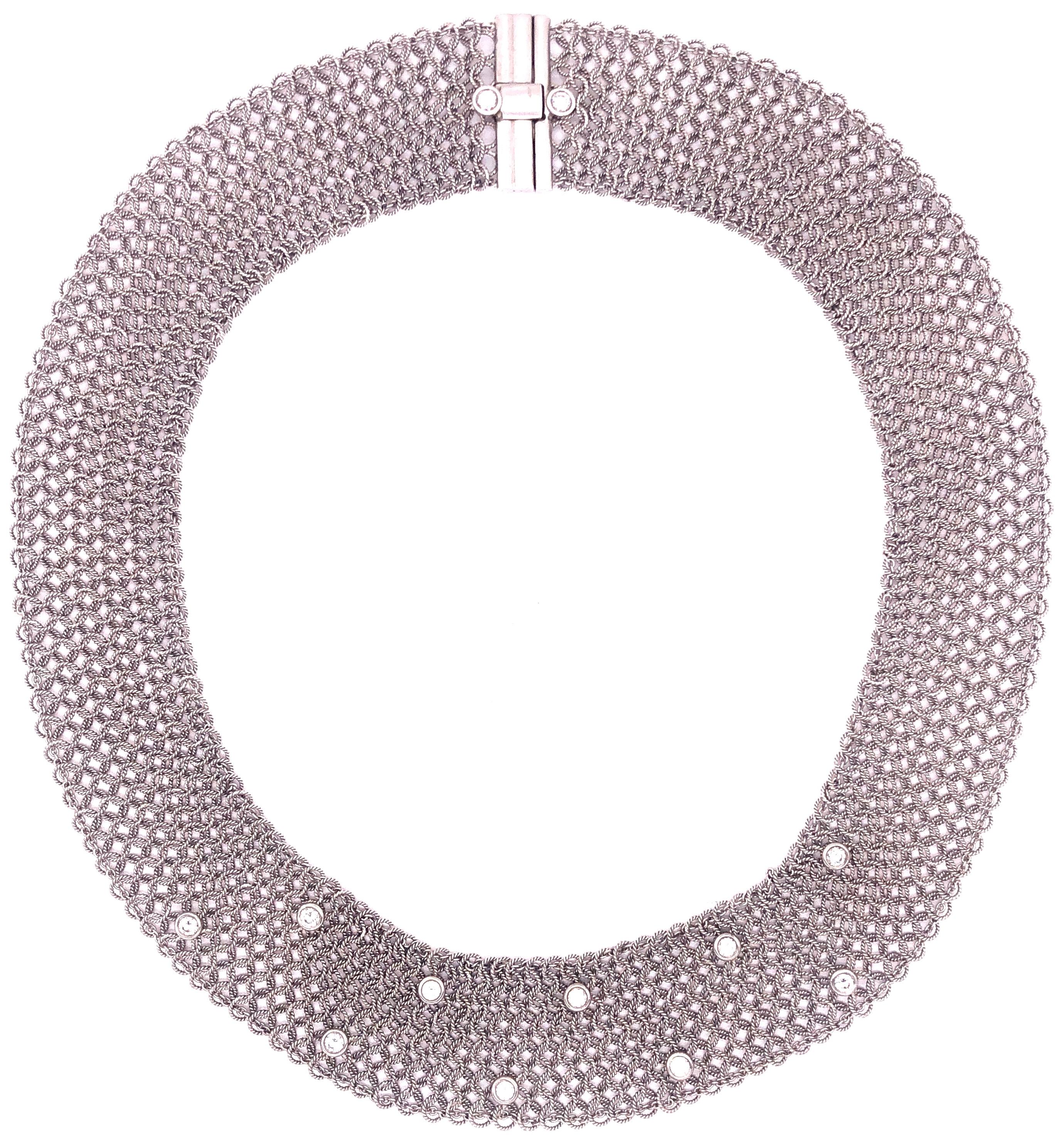 Estate Mesh Link and Diamond Necklace Italian 18 Karat White Gold having a center of ten and a squeeze lock with two .8 round diamonds. .96 carat of round diamonds total. The whole weighing 67.4 grams. Comes with a matching ring sold separately.