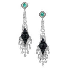 Estate Art Deco Style Diamond Emerald & Onyx Chandelier Drop Earrings