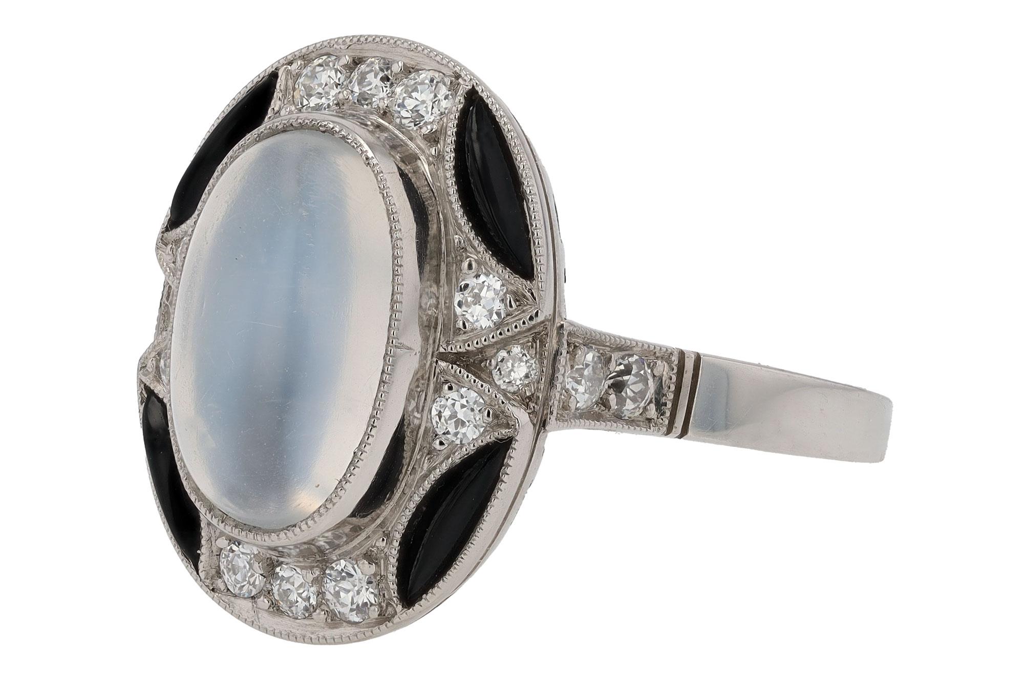Estate Art Deco Style Moonstone Onyx Diamond Cocktail Ring In Excellent Condition For Sale In Santa Barbara, CA