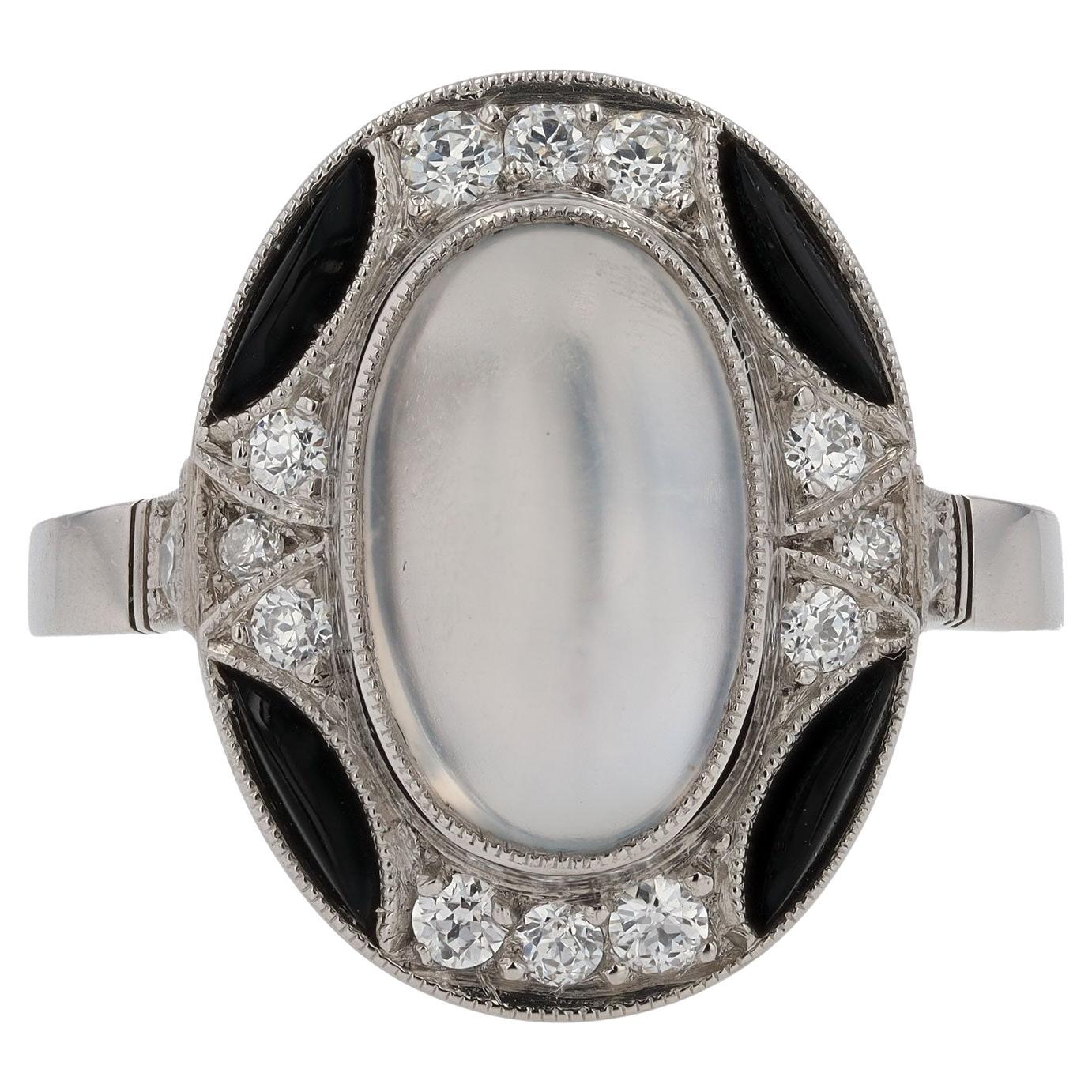 Estate Art Deco Style Moonstone Onyx Diamond Cocktail Ring For Sale