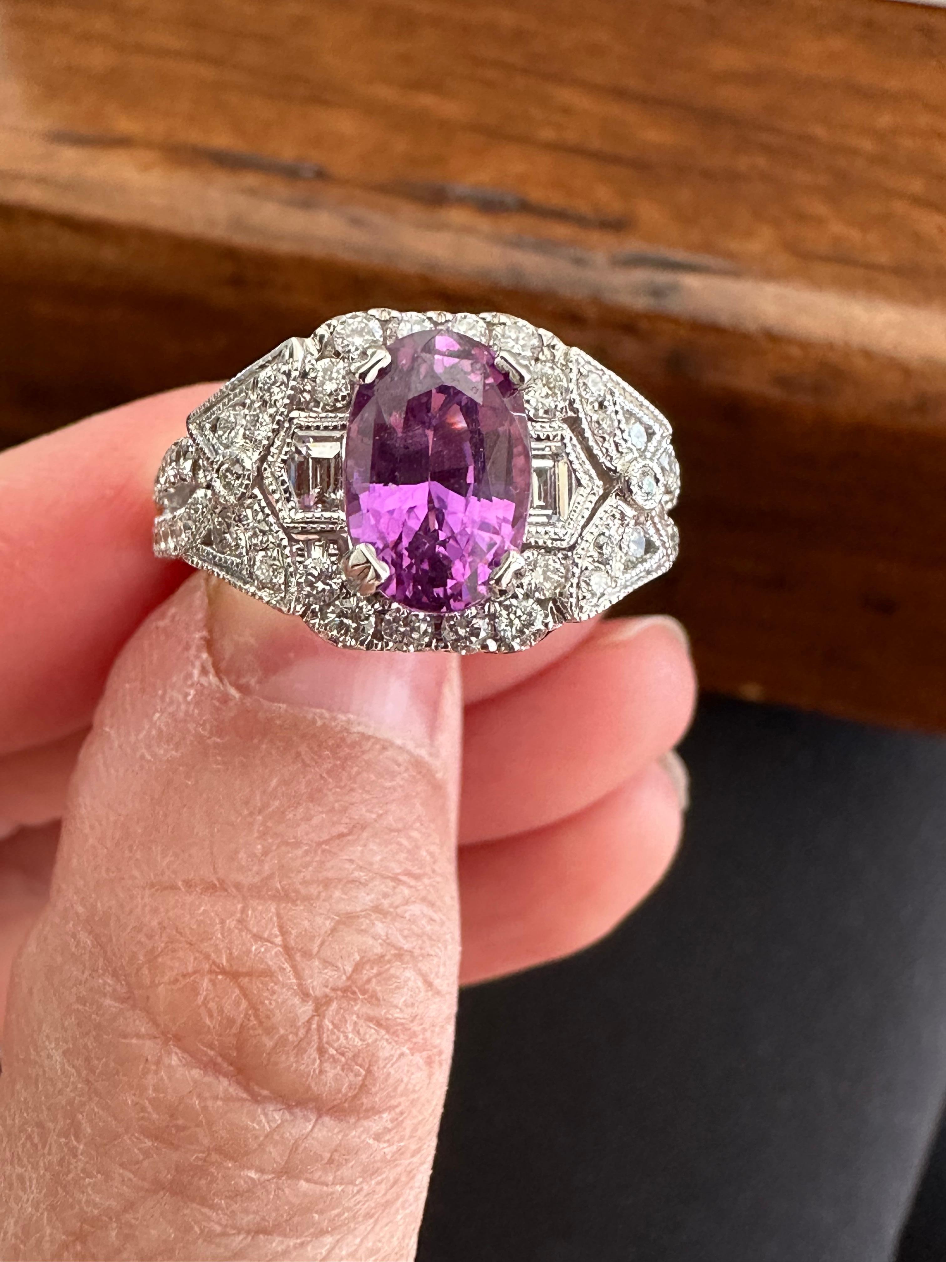 Estate Art Deco-Style Natural Pinkish Purple Sapphire and Diamond Cocktail Ring  For Sale 8