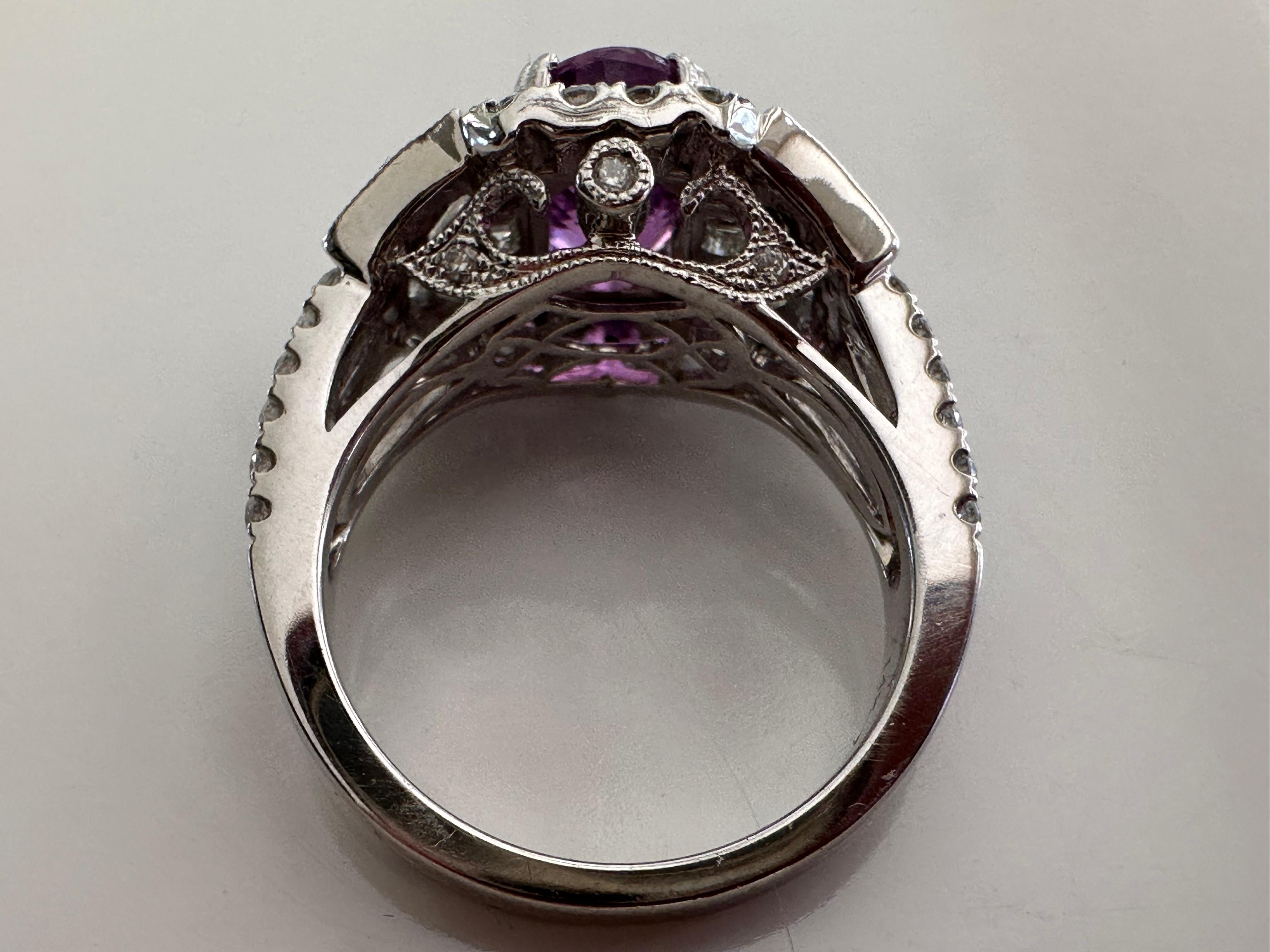 Estate Art Deco-Style Natural Pinkish Purple Sapphire and Diamond Cocktail Ring  For Sale 1
