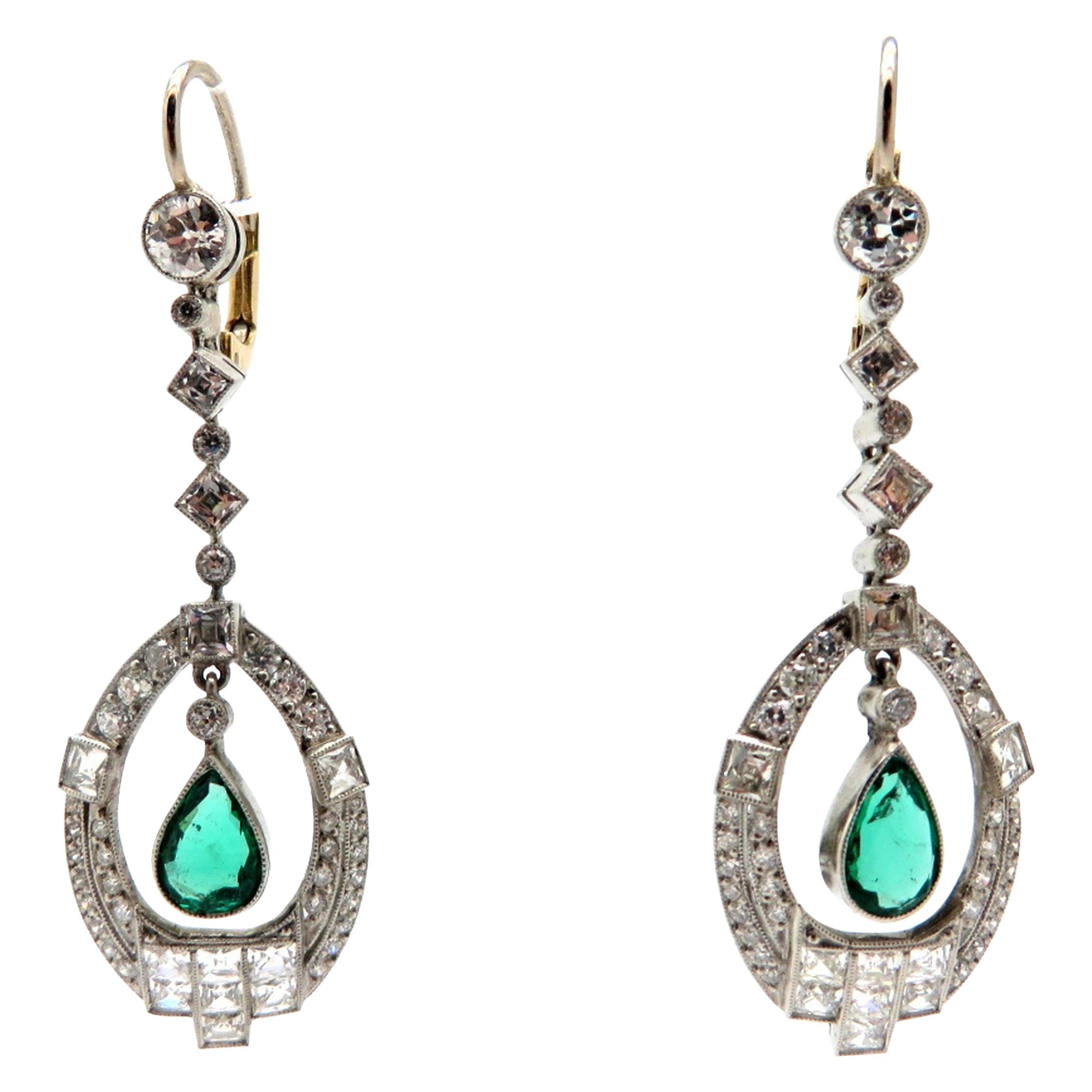 Estate Art Deco Style Platinum and 14 Karat Diamond and Emerald Dangle Earrings
