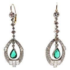 Estate Art Deco Style Platinum and 14 Karat Diamond and Emerald Dangle Earrings