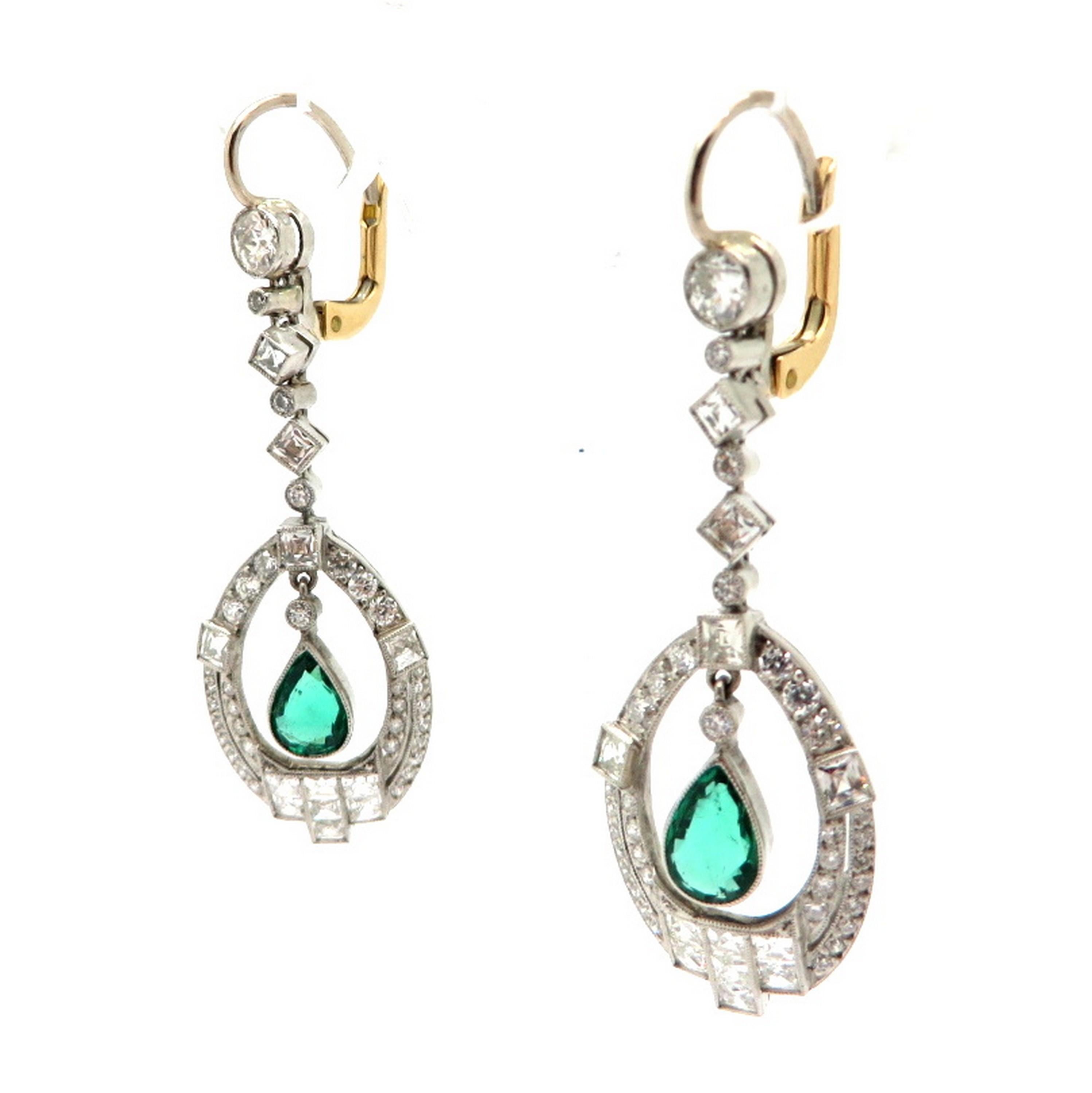 Emerald Cut Estate Art Deco Style Platinum and 14 Karat Diamond and Emerald Dangle Earrings For Sale
