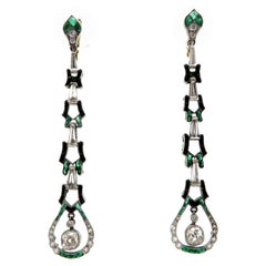 Estate Art Deco Style Platinum and 18K Diamond, Emerald and Onyx Dangle Earrings
