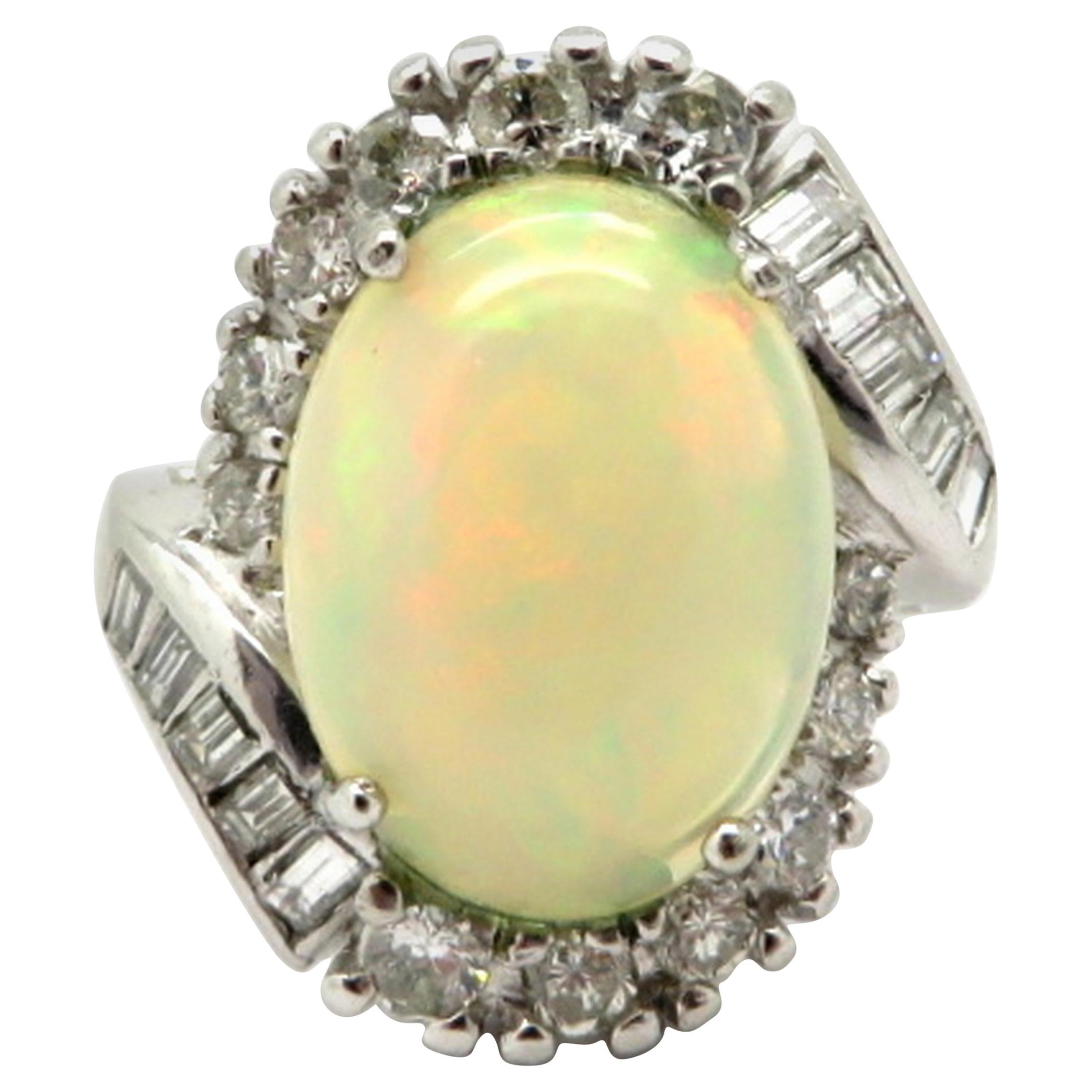 Estate Art Deco Style Platinum Diamond and Opal Fashion Ring For Sale
