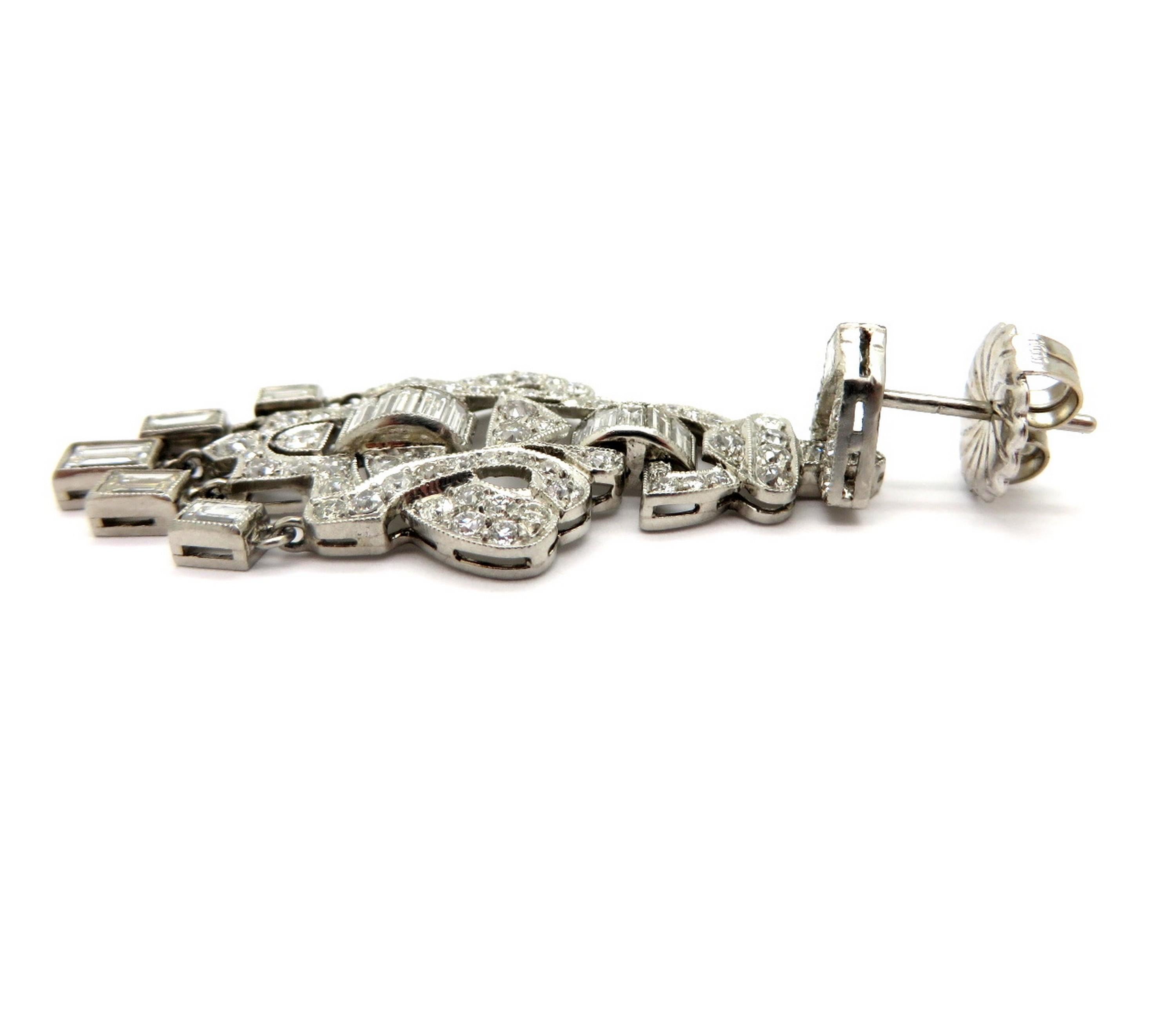 Mixed Cut Estate Art Deco Style Platinum Diamond Dangle Multi Shaped Chandelier Earrings For Sale