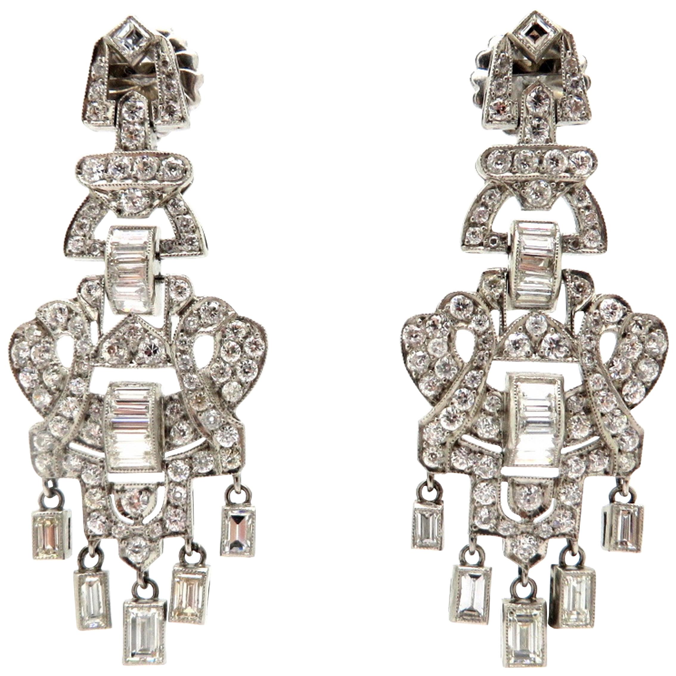 Estate Art Deco Style Platinum Diamond Dangle Multi Shaped Chandelier Earrings For Sale