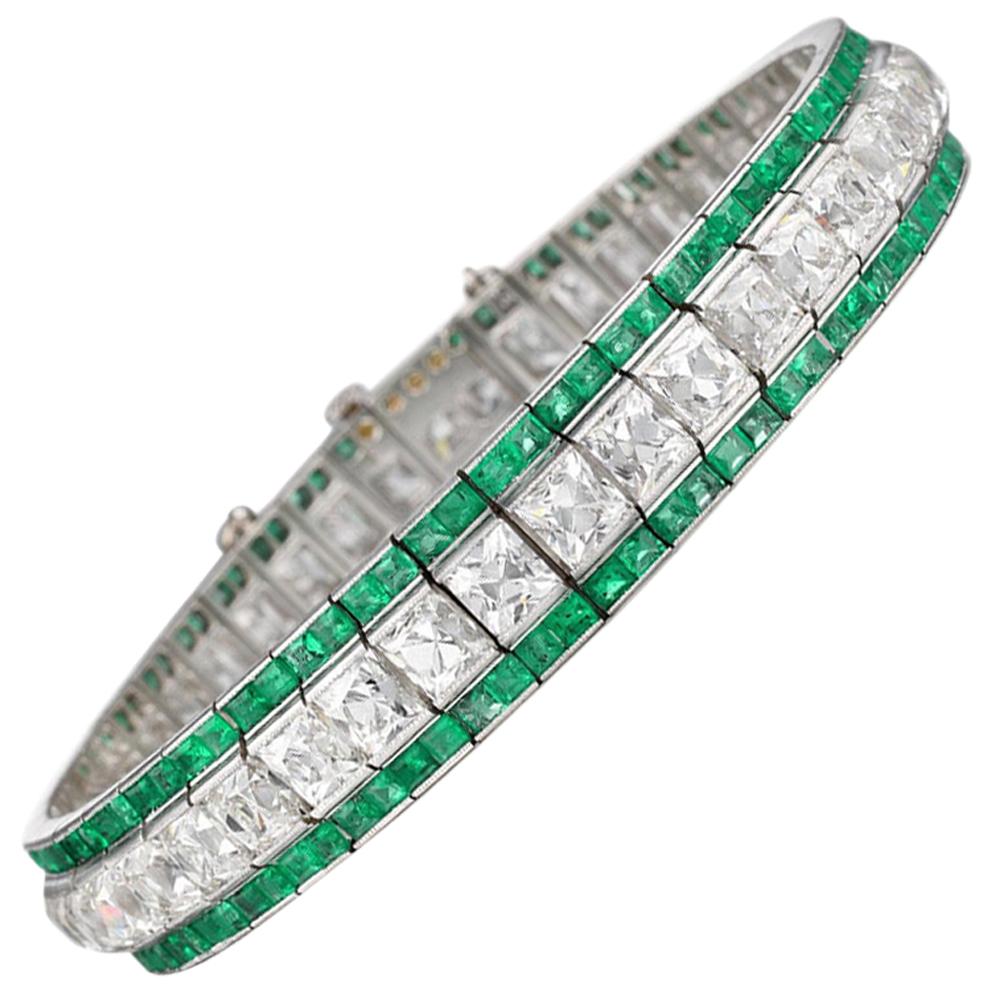 Estate Art Deco Tiffany & Co. French Cut Diamond and Emerald Bracelet For Sale