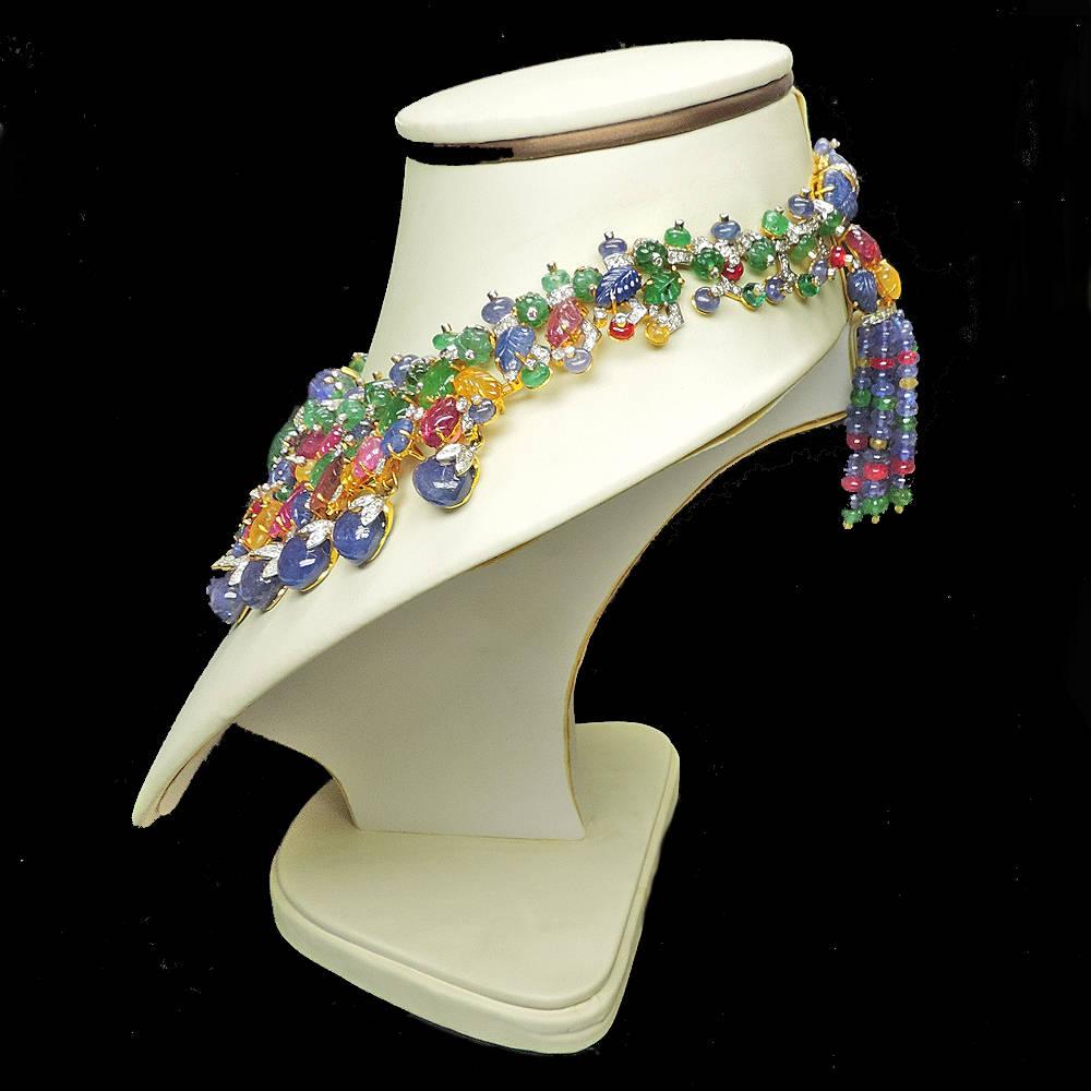 Estate Art Deco tutti frutti Inspired Carved Gemstone and Diamond Necklace set For Sale 5