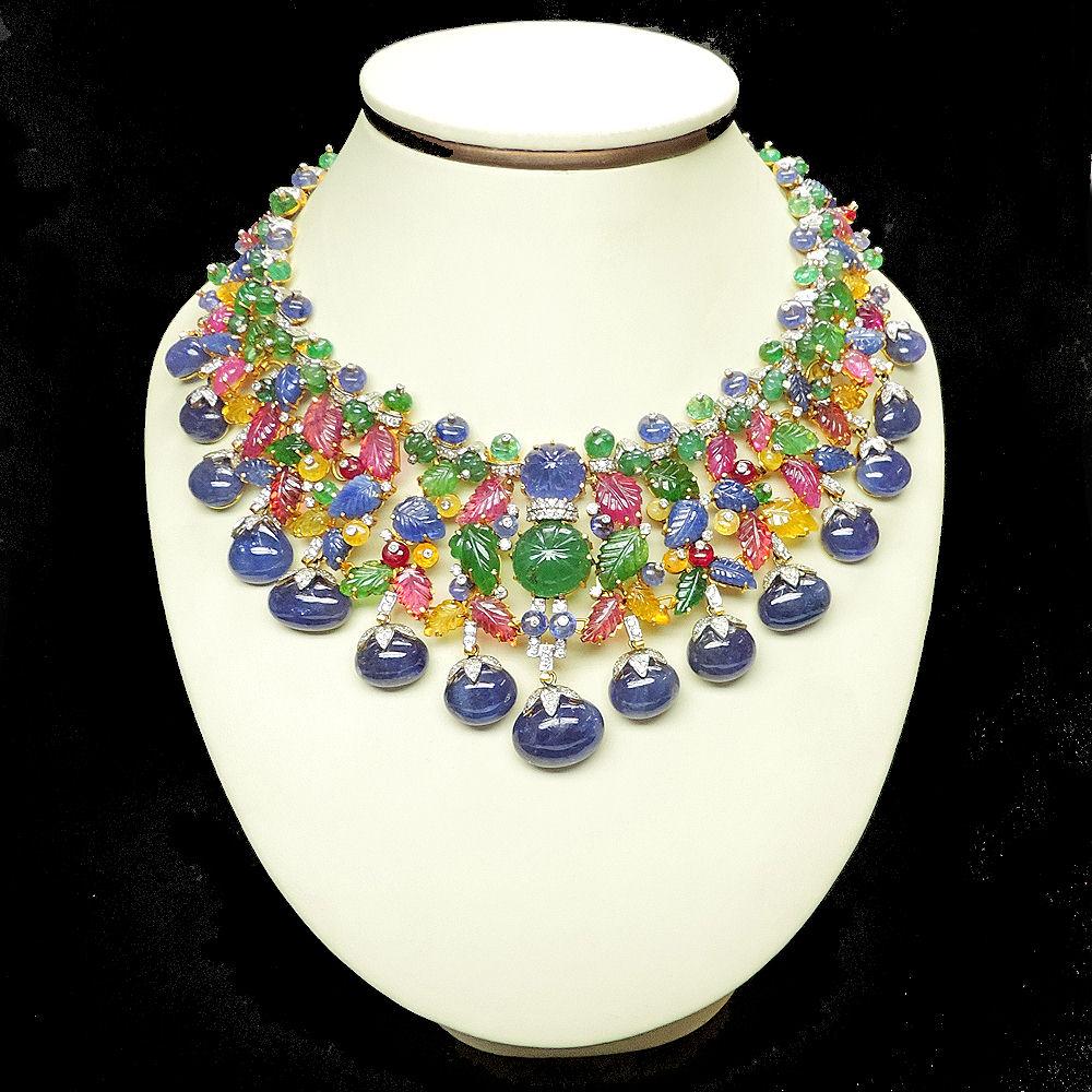 Estate Art Deco tutti frutti Inspired Carved Gemstone and Diamond Necklace set For Sale 7
