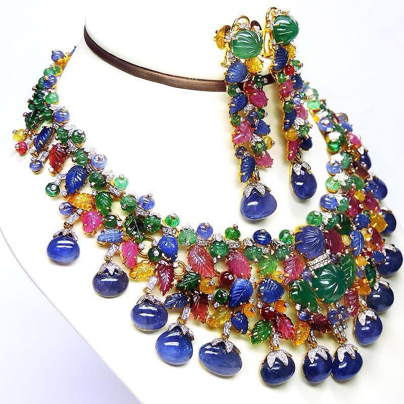 Conjunto de collar Estate Art Decó inspirado en el tutti frutti de piedras preciosas talladas y diamantes en venta 8