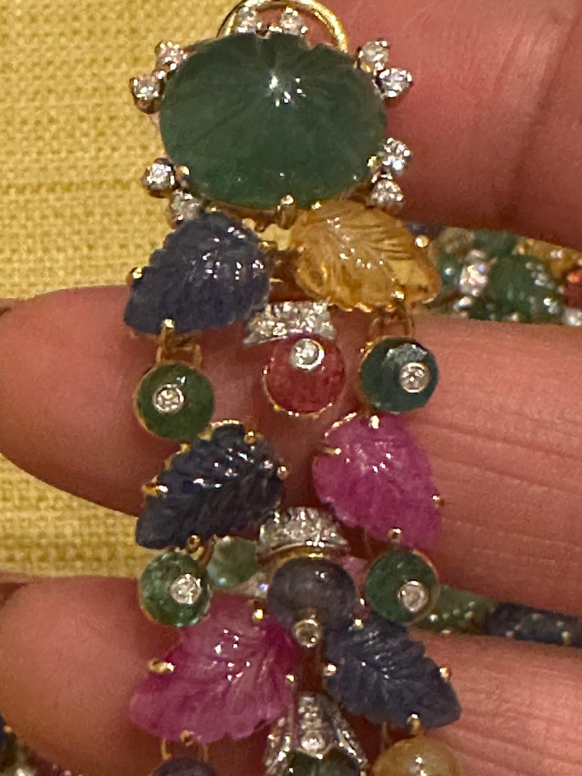 Estate Art Deco tutti frutti Inspired Carved Gemstone and Diamond Necklace set For Sale 10