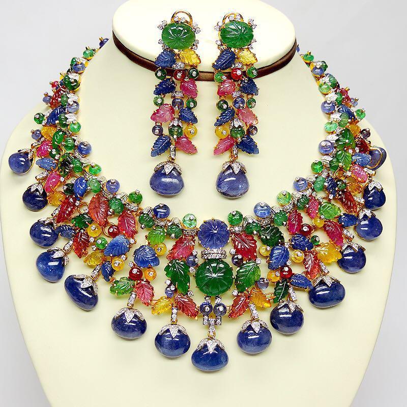 Cabochon Estate Art Deco tutti frutti Inspired Carved Gemstone and Diamond Necklace set For Sale