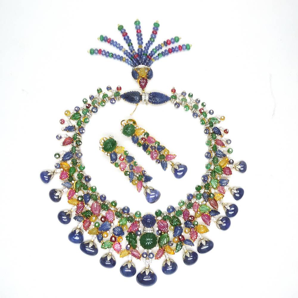 Women's Estate Art Deco tutti frutti Inspired Carved Gemstone and Diamond Necklace set For Sale