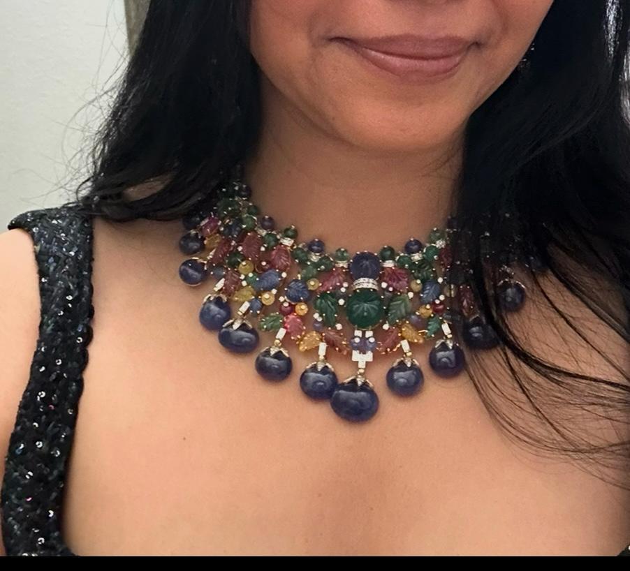 Estate Art Deco tutti frutti Inspired Carved Gemstone and Diamond Necklace set For Sale 1