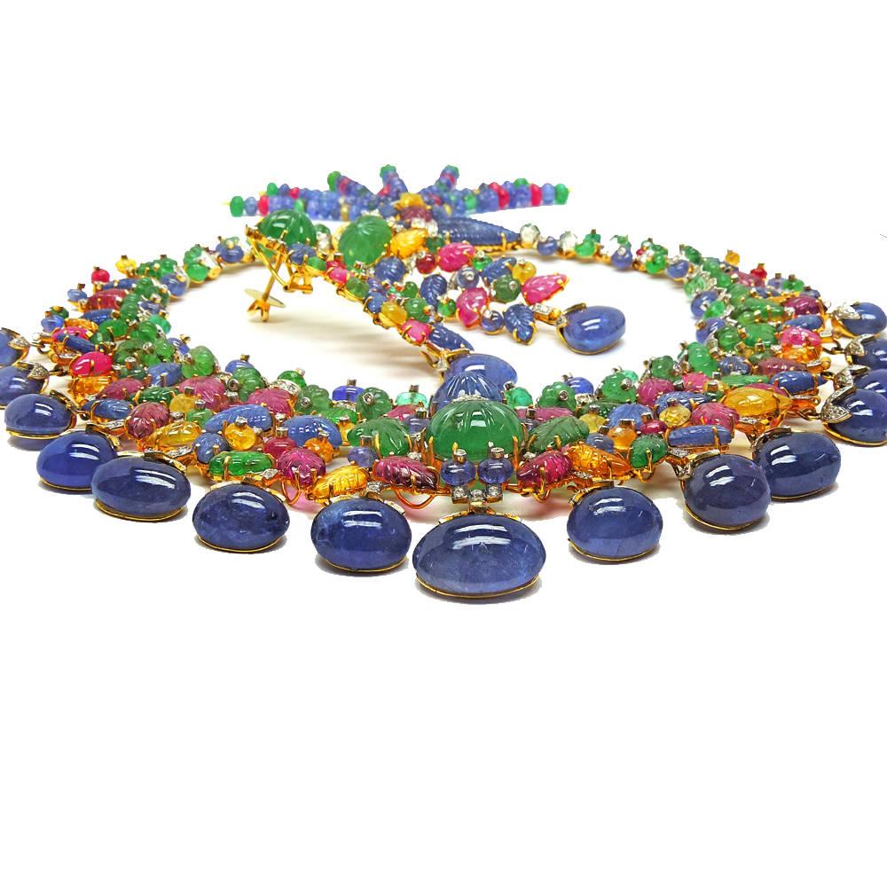 Estate Art Deco tutti frutti Inspired Carved Gemstone and Diamond Necklace set For Sale 3
