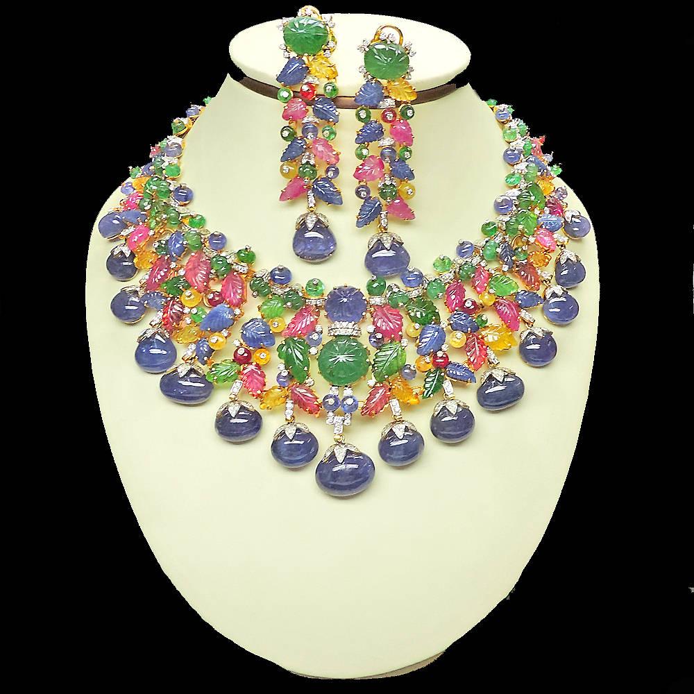 Estate Art Deco tutti frutti Inspired Carved Gemstone and Diamond Necklace set For Sale 4