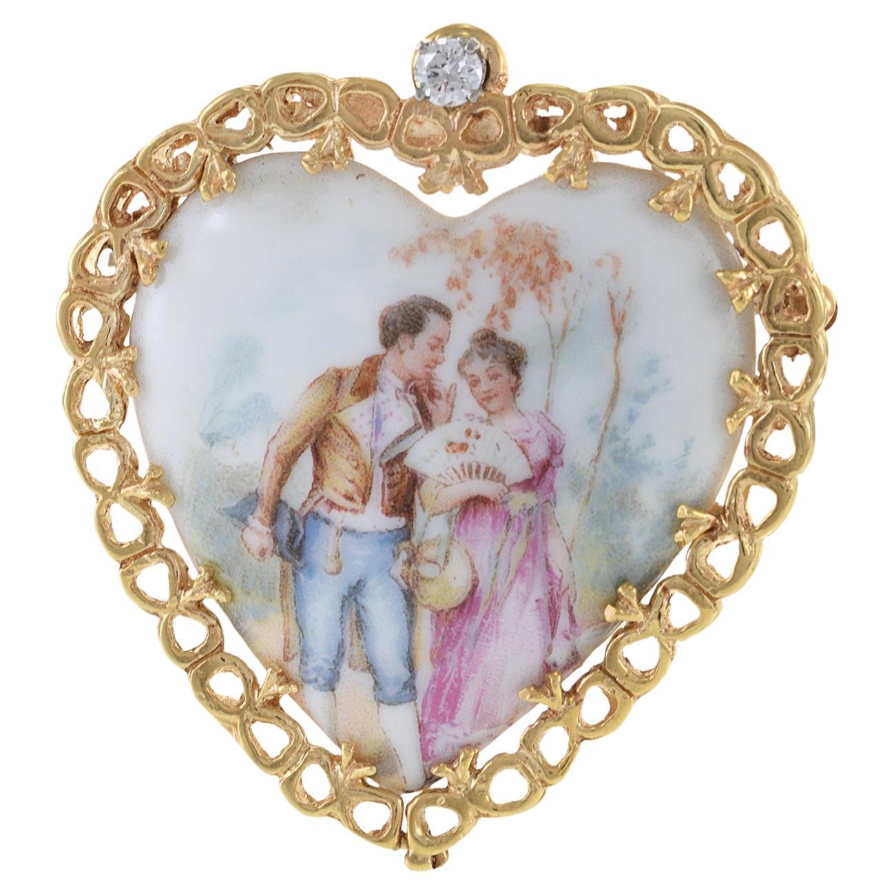 Alfiler de oro amarillo de 14 quilates de la época Art Nouveau con retrato de corazón