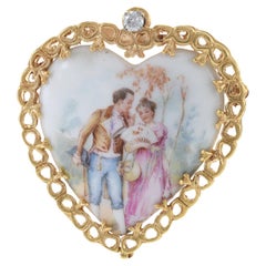 Alfiler de oro amarillo de 14 quilates de la época Art Nouveau con retrato de corazón