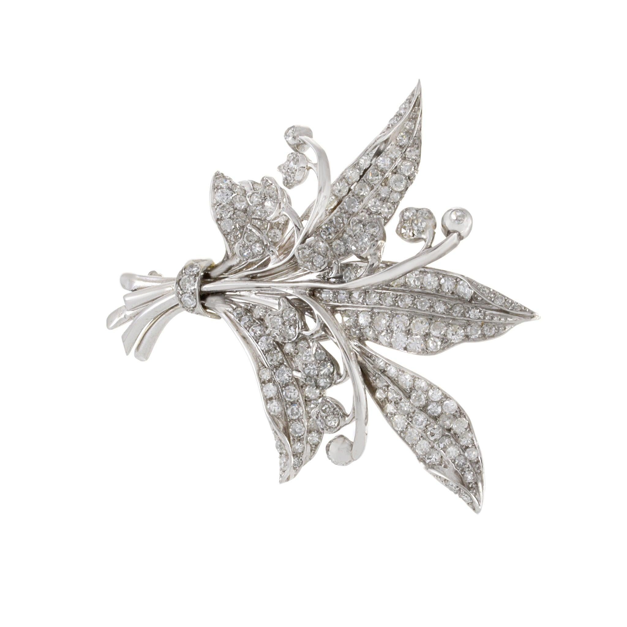 Round Cut Estate Art Nouveau Platinum Floral Bouquet Pin With Diamonds For Sale