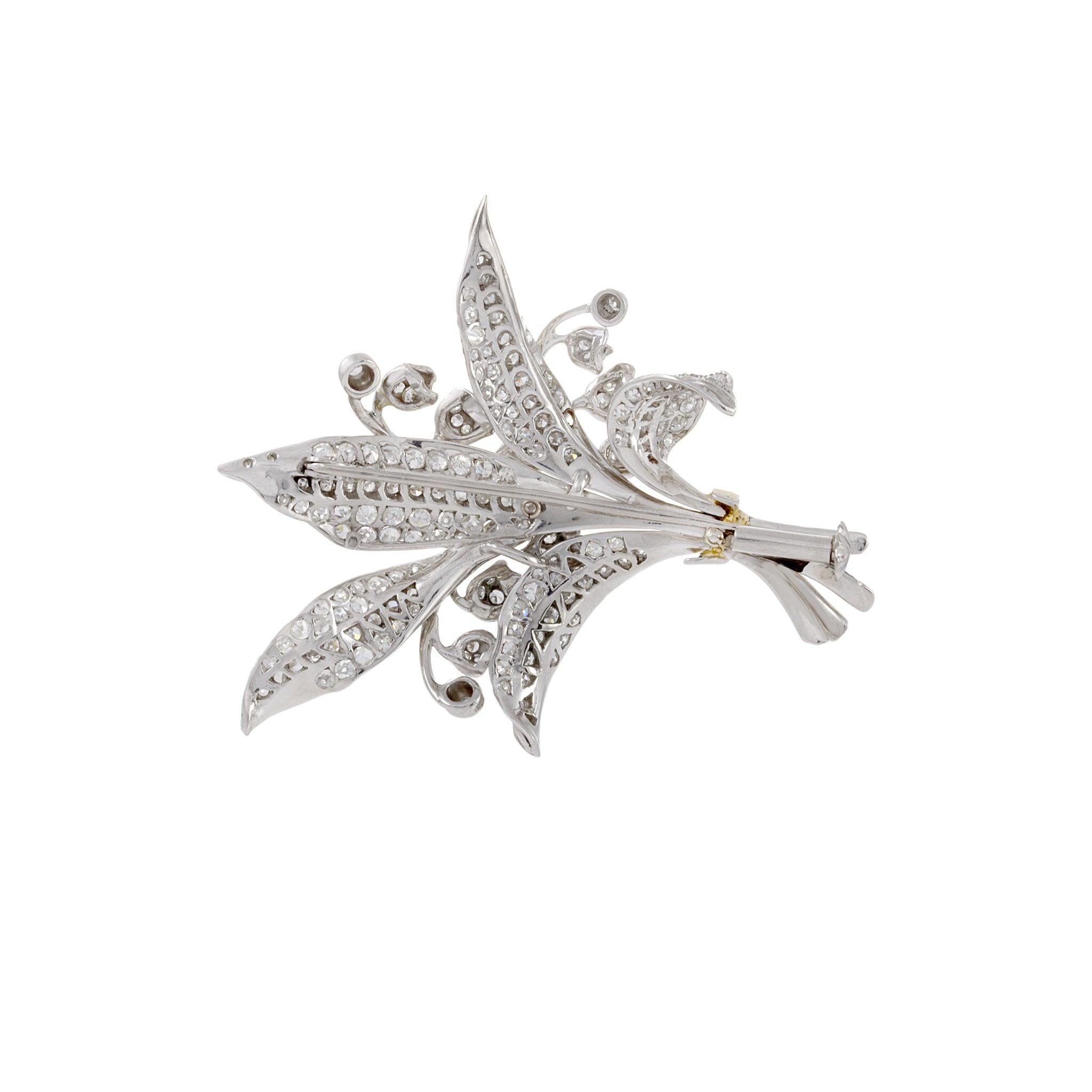 Women's Estate Art Nouveau Platinum Floral Bouquet Pin With Diamonds For Sale