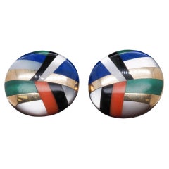 Estate Asch Grossbardt 14K Yellow Gold Multi Stone Inlay Earrings - VHK#377B