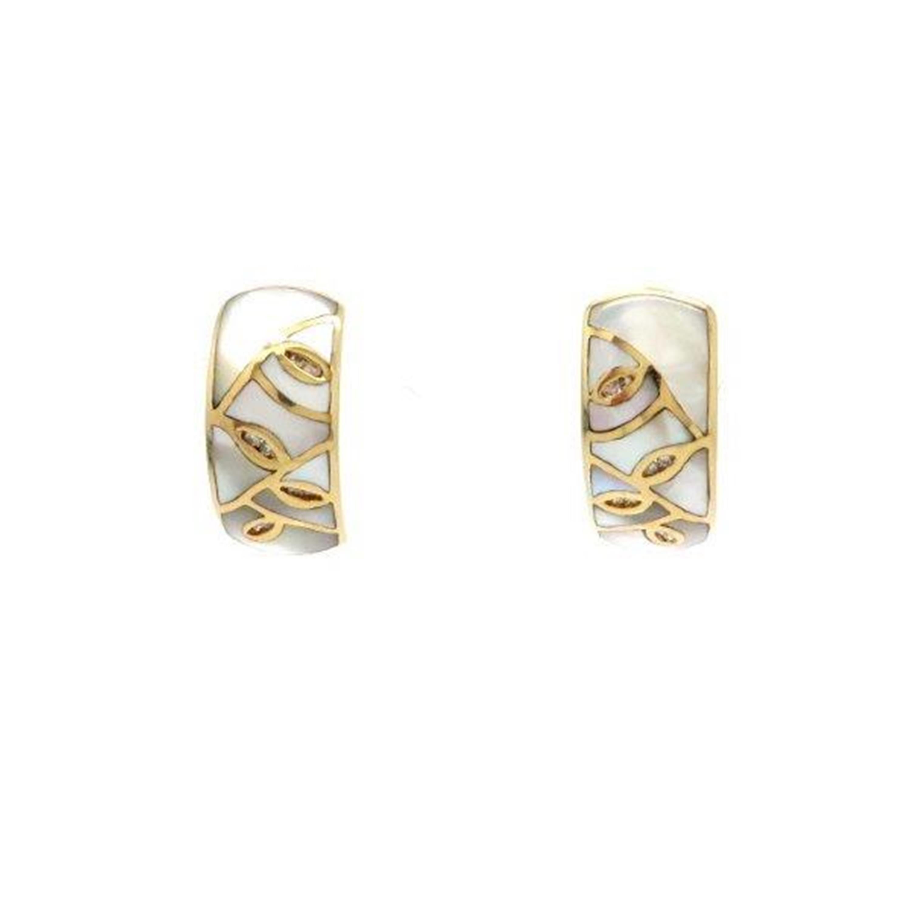 Estate Asher Collection 14 Karat Gold Diamond and Mother of Pearl Hoop Earrings In Excellent Condition In Scottsdale, AZ