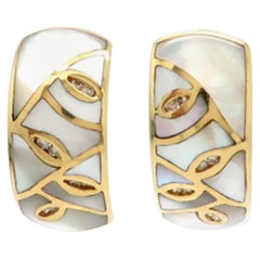 Estate Asher Collection 14 Karat Gold Diamond and Mother of Pearl Hoop Earrings