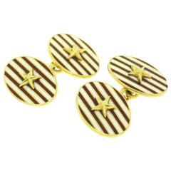 Estate Asprey 18k Solid Gold Collectible Red White Enamel Stripe Star Cufflinks