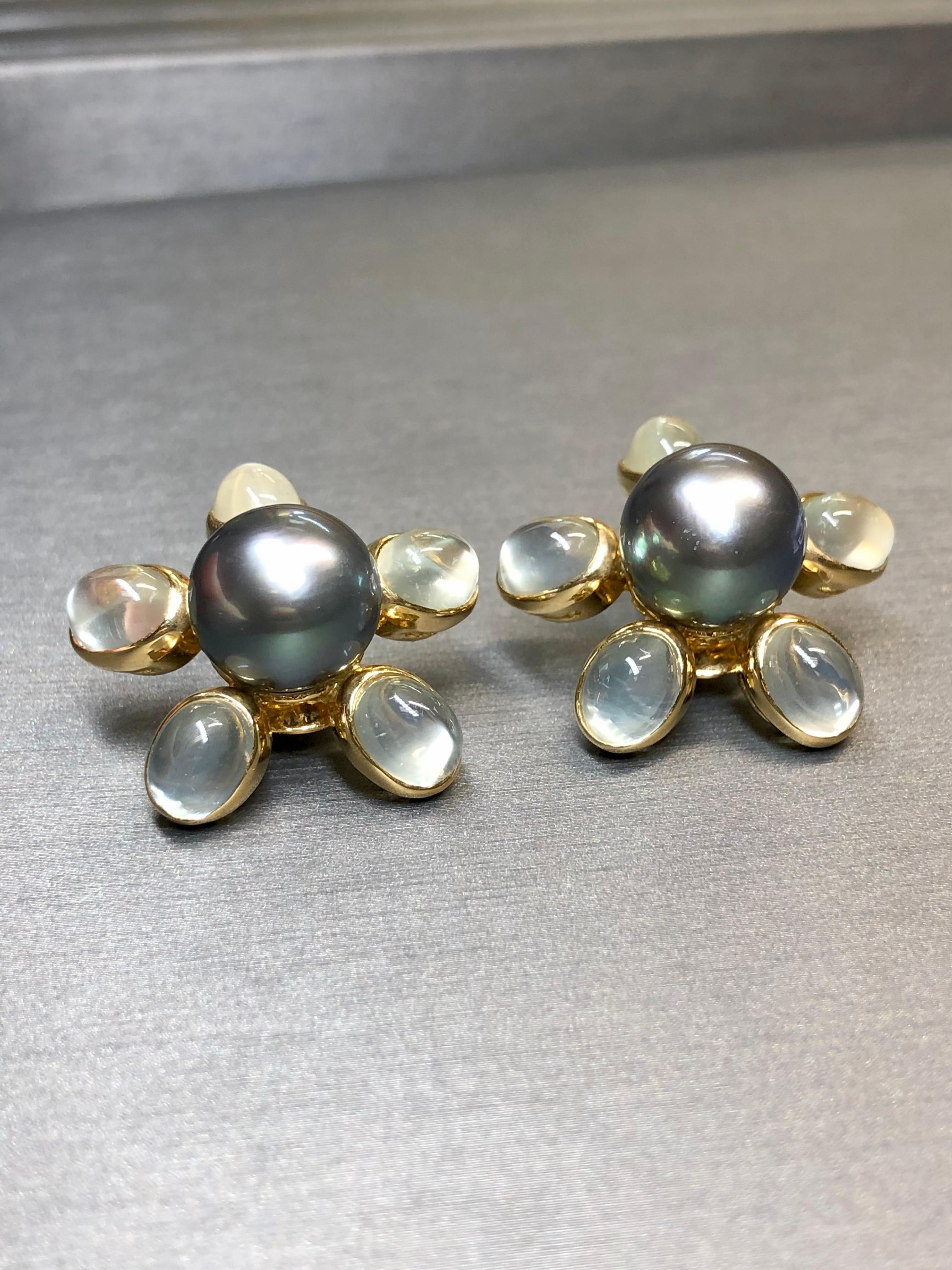 Contemporary Estate ASSAEL Cabochon Moonstone Tahitian Pearl Huggie Earrings 16.37ctw 12.2mm For Sale