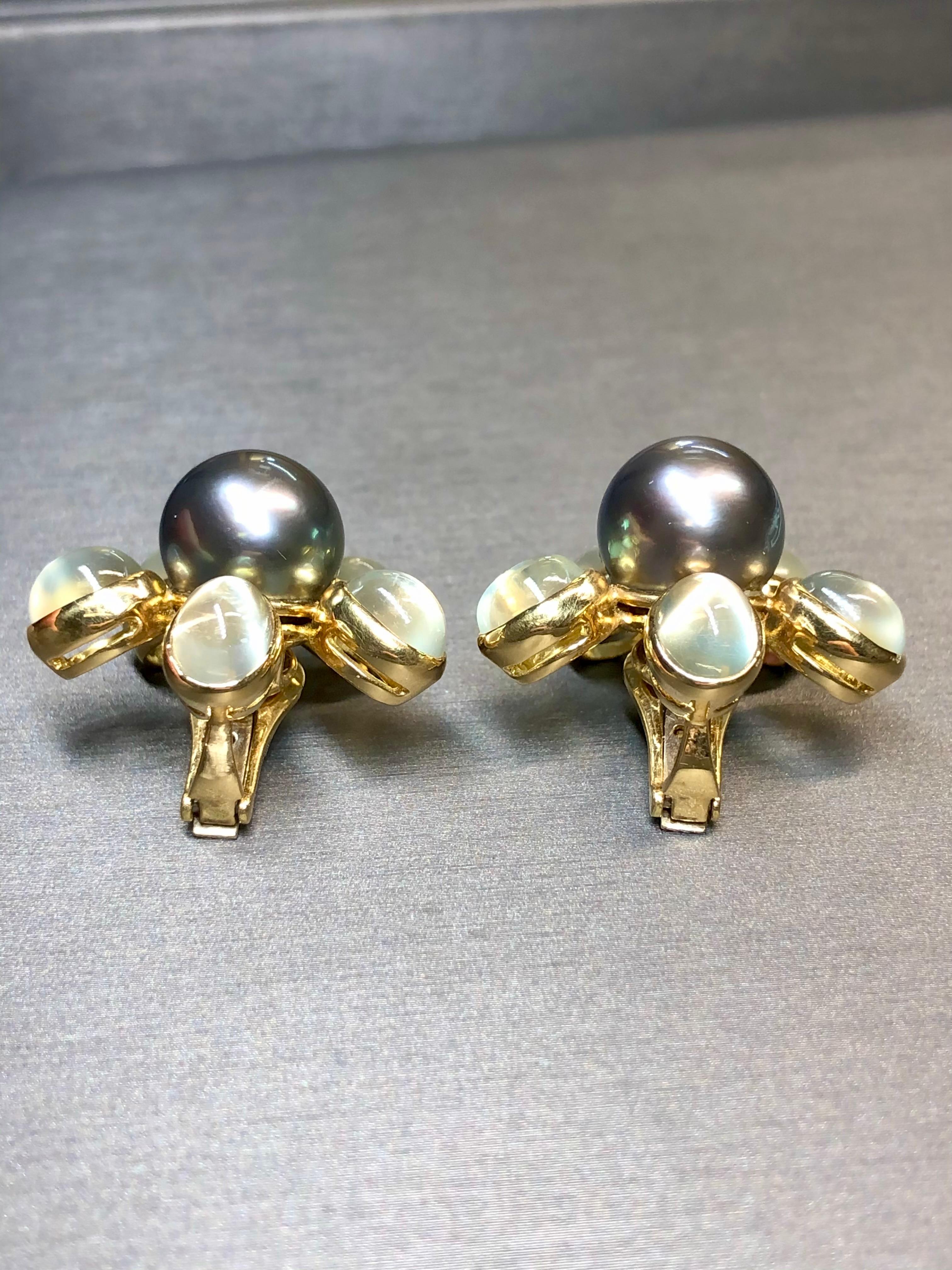 Women's or Men's Estate ASSAEL Cabochon Moonstone Tahitian Pearl Huggie Earrings 16.37ctw 12.2mm For Sale