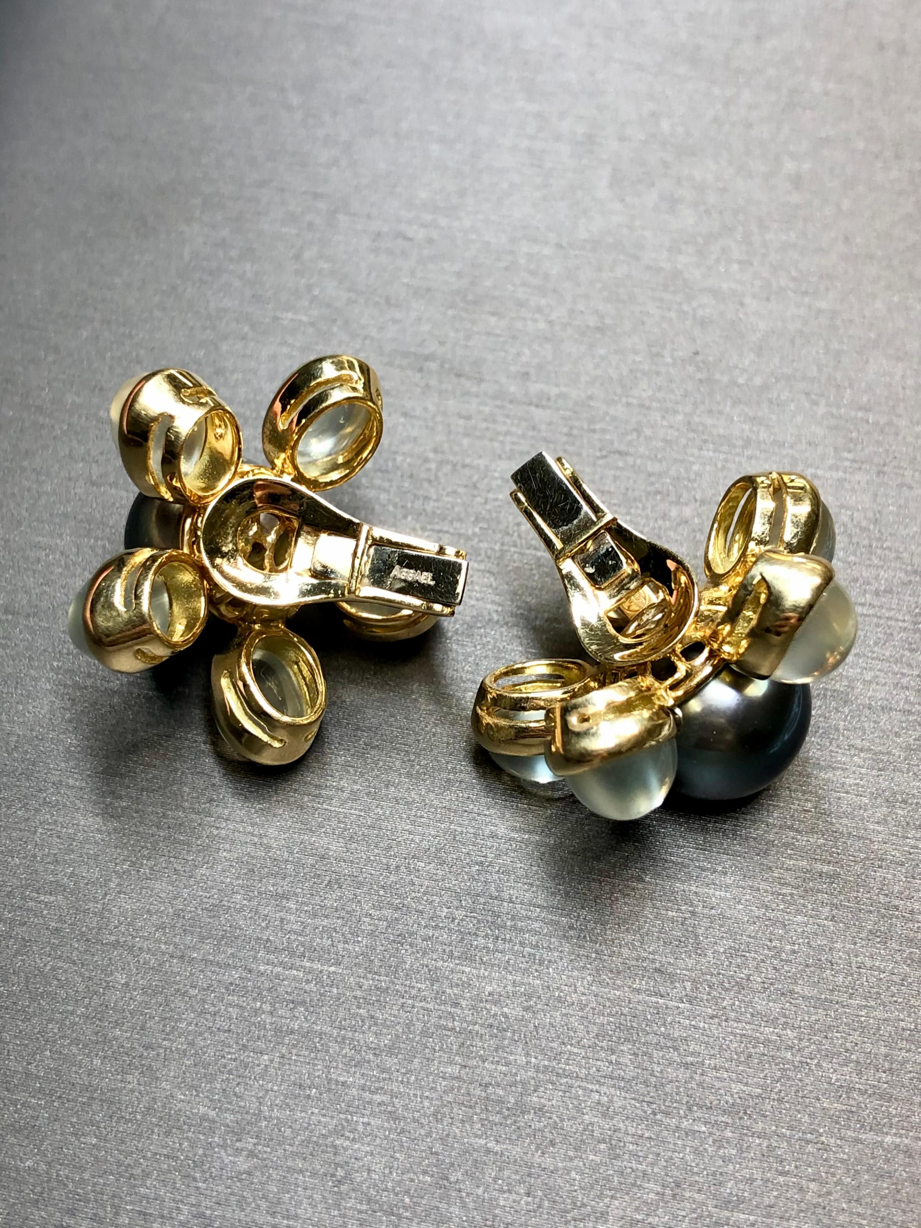 Estate ASSAEL Cabochon Moonstone Tahitian Pearl Huggie Earrings 16.37ctw 12.2mm For Sale 1