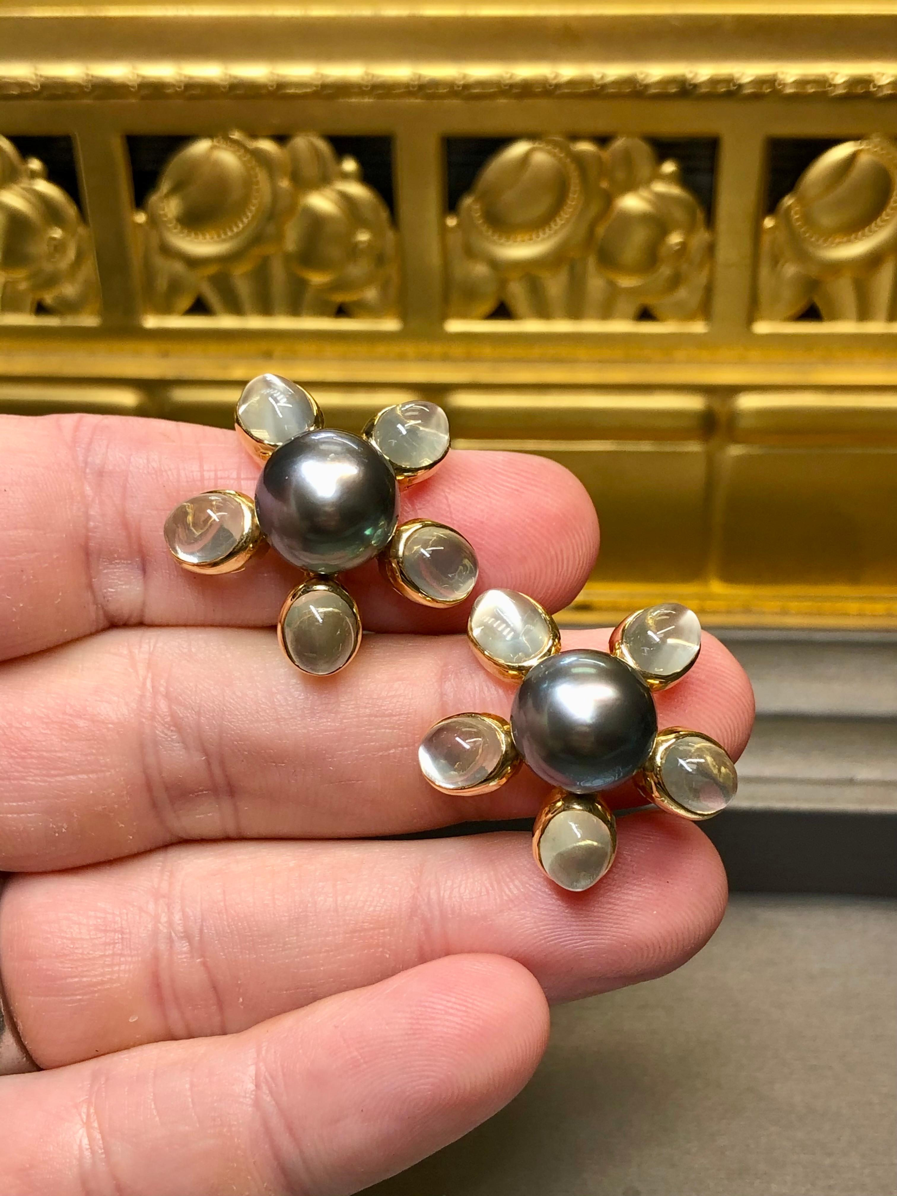 Estate ASSAEL Cabochon Moonstone Tahitian Pearl Huggie Earrings 16.37ctw 12.2mm For Sale 3