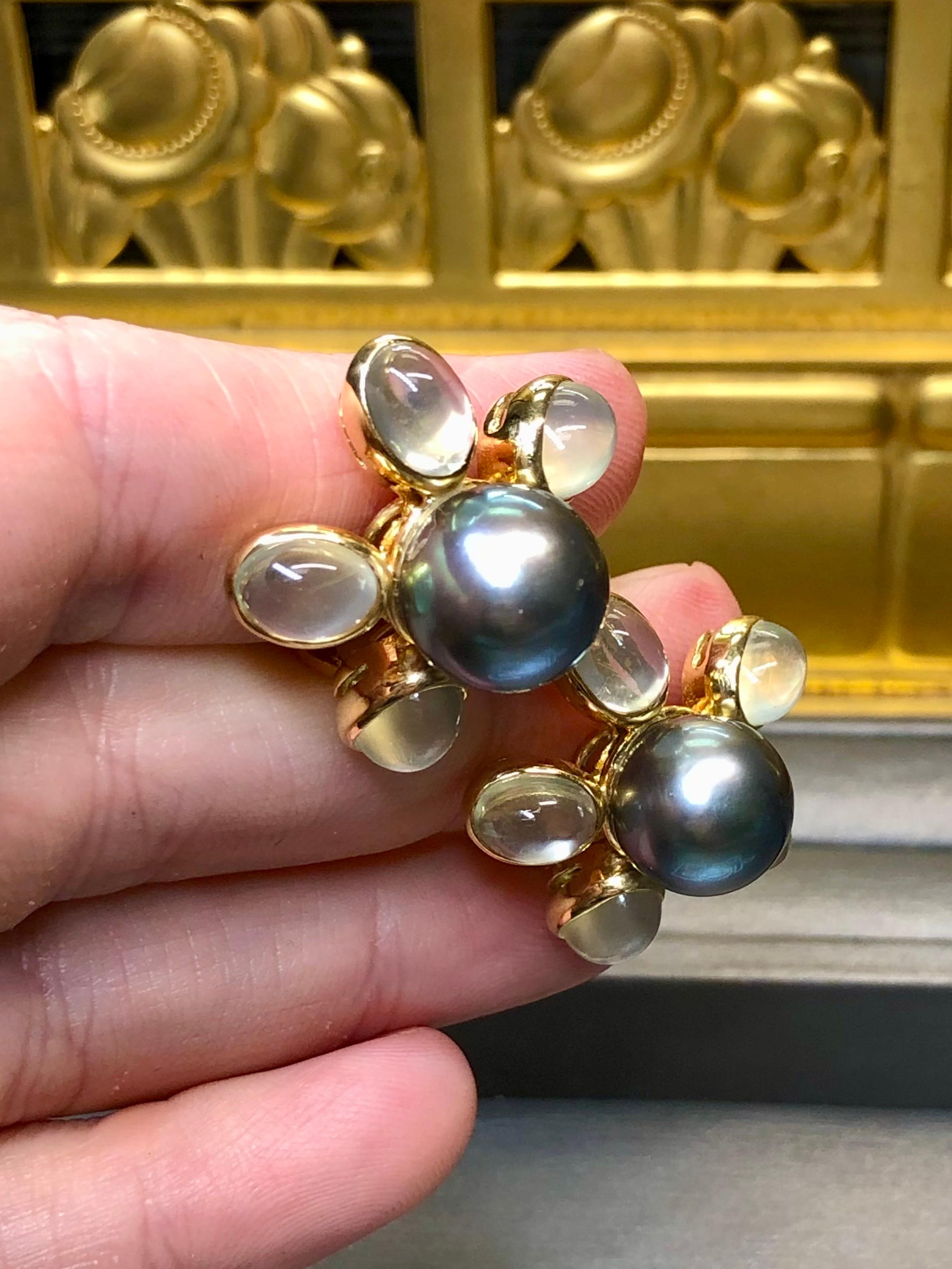 Estate ASSAEL Cabochon Moonstone Tahitian Pearl Huggie Earrings 16.37ctw 12.2mm For Sale 4