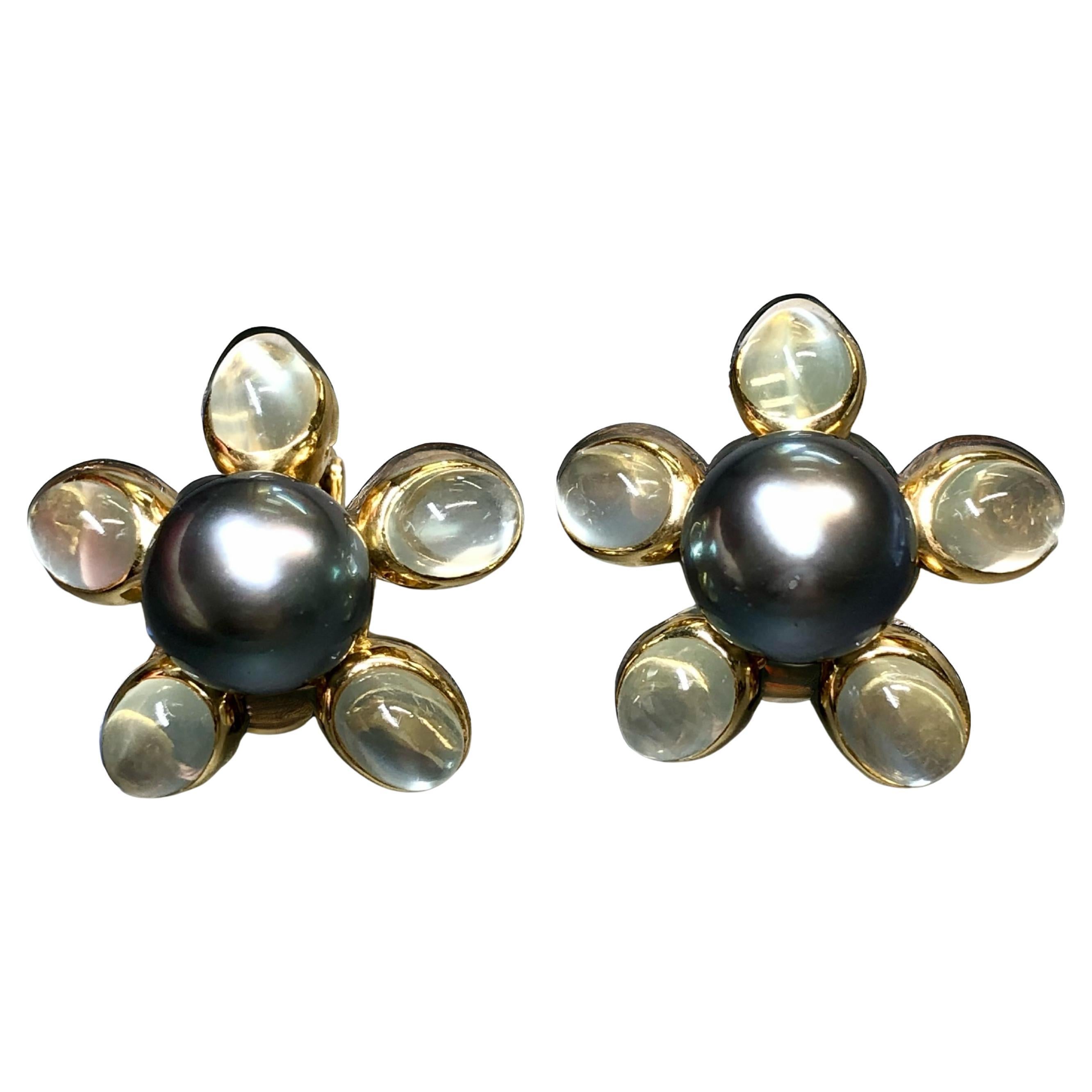 Estate ASSAEL Cabochon Moonstone Tahitian Pearl Huggie Earrings 16.37ctw 12.2mm For Sale